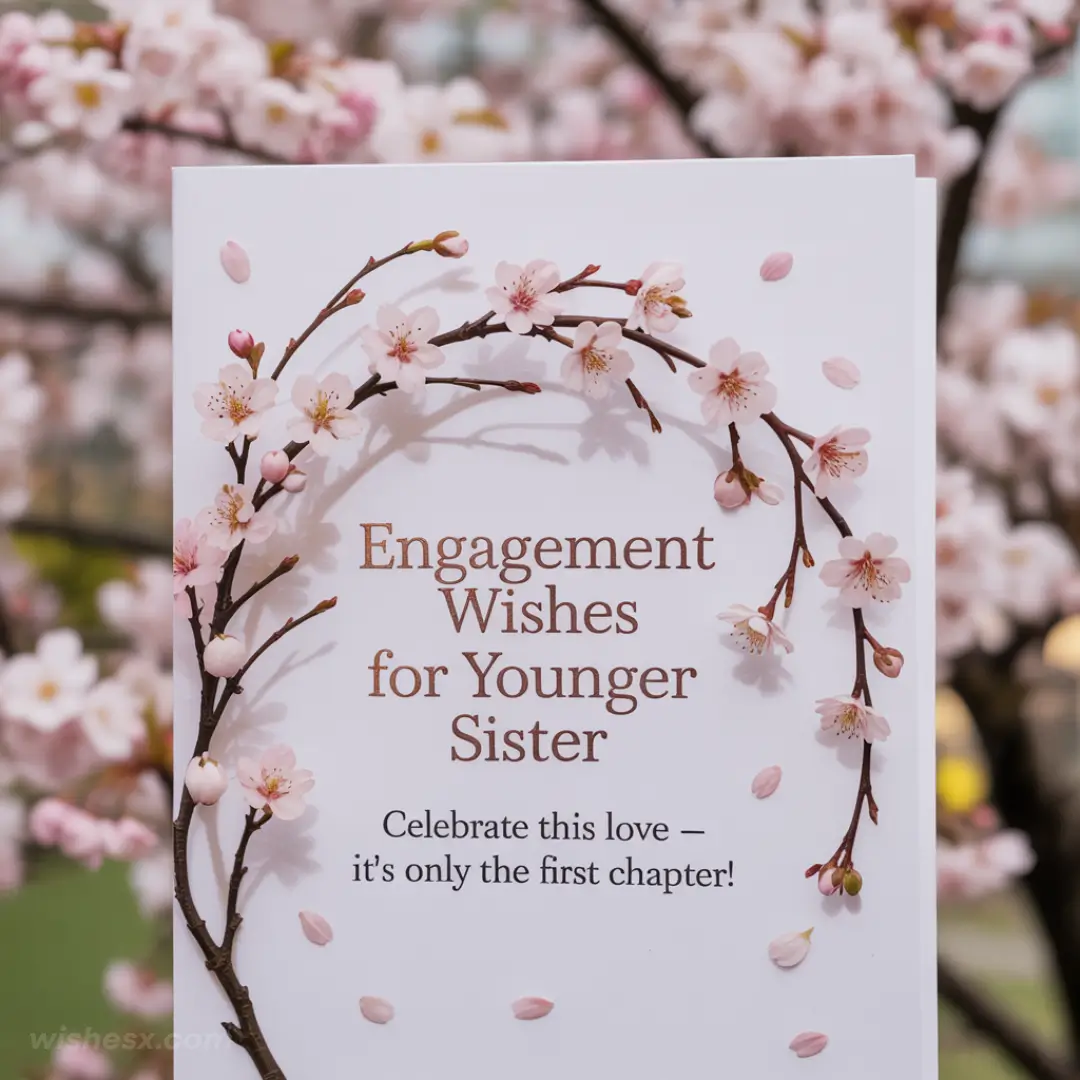 A greeting card with delicate pink cherry blossoms frames the text, "Engagement Wishes for Younger Sister. Celebrate this love—it's only the first chapter!" The tone is joyful and celebratory.