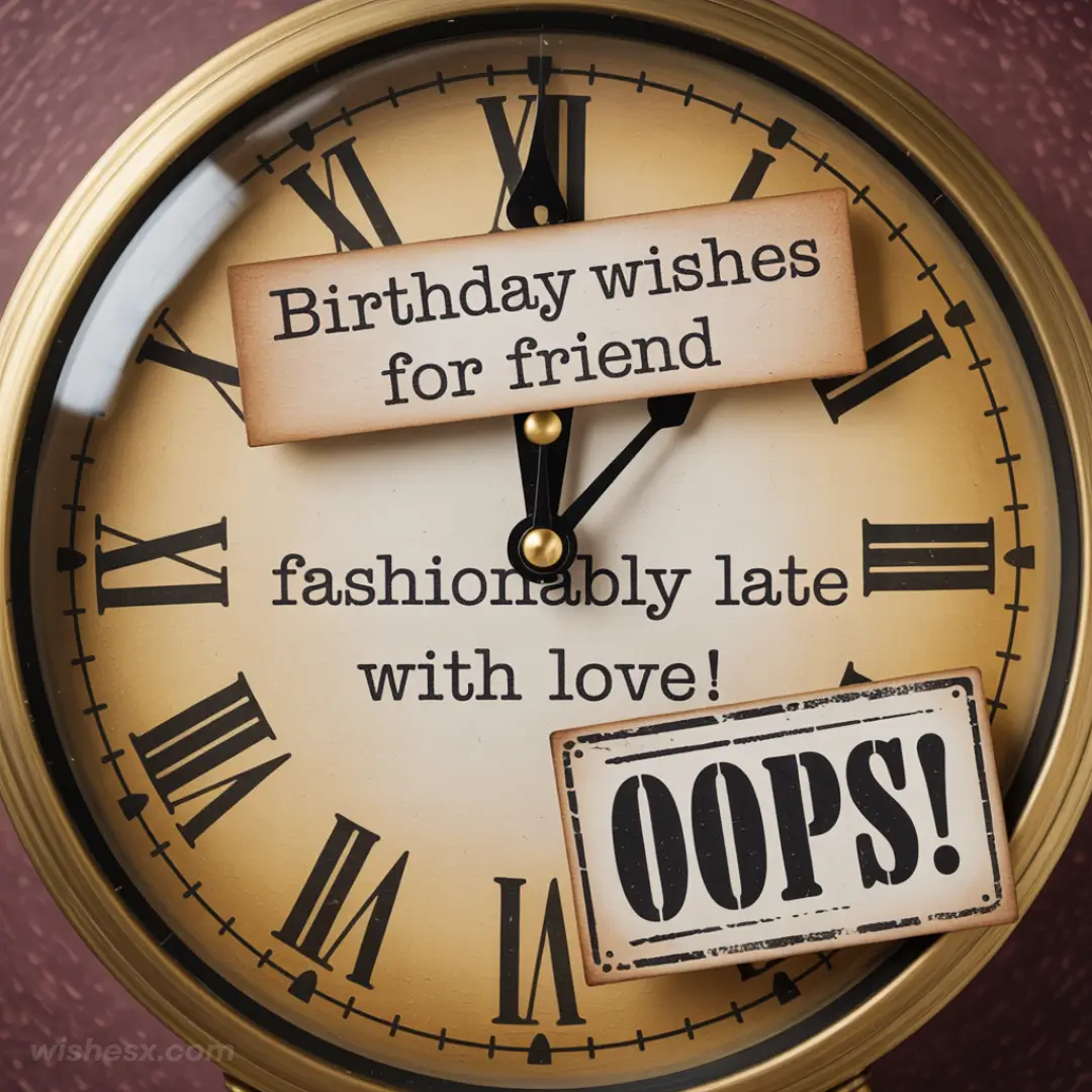 A vintage clock face with Roman numerals displays humorous late birthday wishes, reading: "Birthday wishes for friend, fashionably late with love!" and a bold "OOPS!" sign.