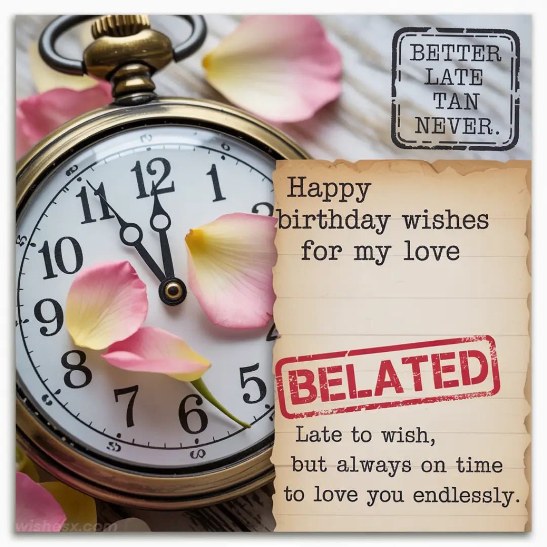 A vintage clock with pink petals surrounding it sits beside a note that reads, "Happy birthday wishes for my love. Late to wish, but always on time to love you endlessly." The bold word "BELATED" emphasizes the message with a playful tone.