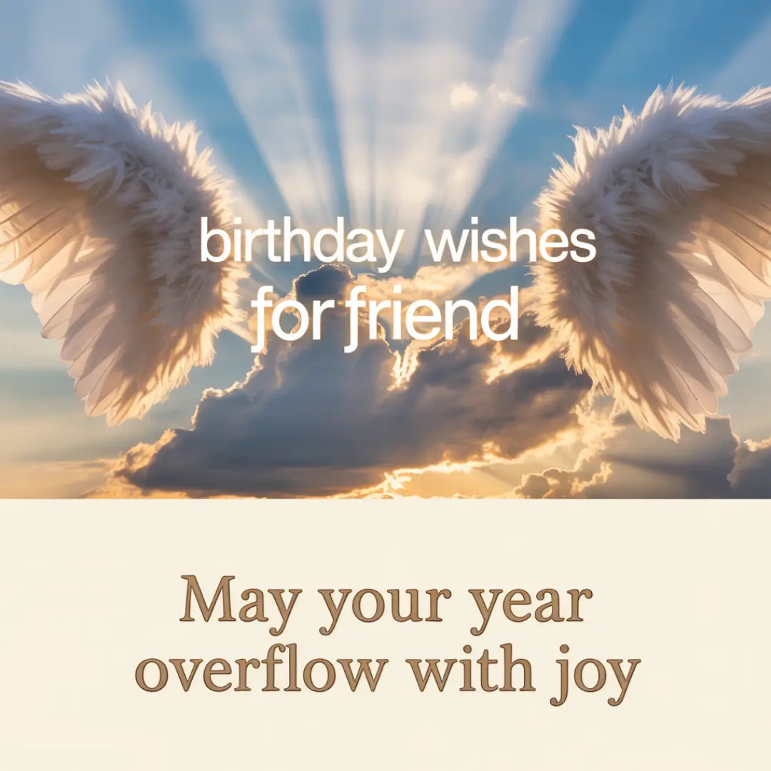Angel wings against a radiant sky with sunlight streaming through clouds. Text reads, "birthday wishes for friend" and "May your year overflow with joy."