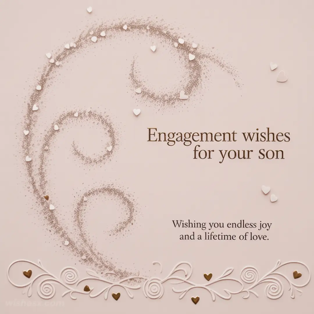 Delicate engagement card with brown swirls adorned by small white hearts. Text: "Engagement wishes for your son. Wishing you endless joy and a lifetime of love."