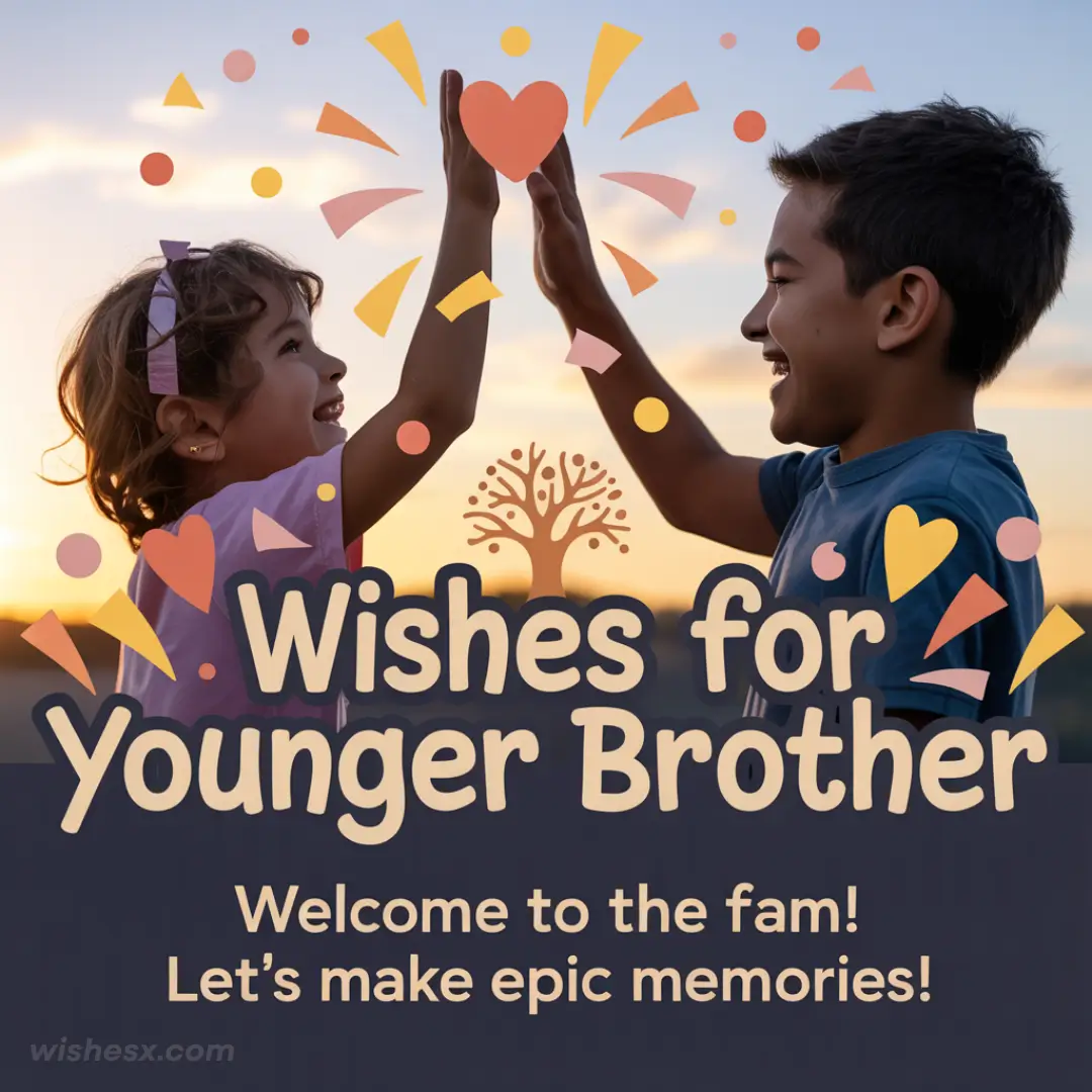Children high-five against a sunset, surrounded by colorful confetti shapes. Text: "Wishes for Younger Brother. Welcome to the fam! Let’s make epic memories!"