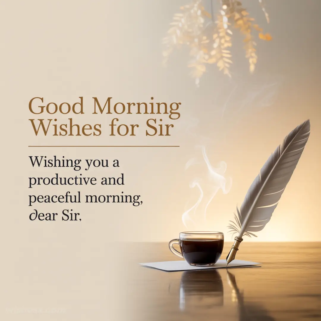 "Good Morning Wishes for Sir" text beside a steaming coffee cup on a table with a feather quill. Warm tones and serene, peaceful ambiance.