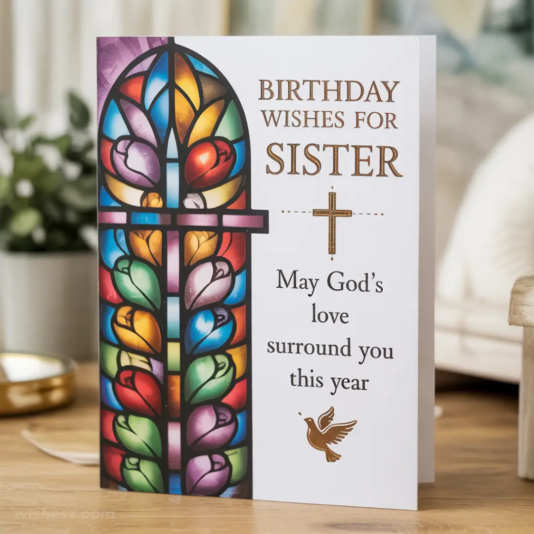 Birthday card featuring stained glass tulips and a cross, with “Birthday wishes for Sister. May God's love surround you this year” on a wooden table.