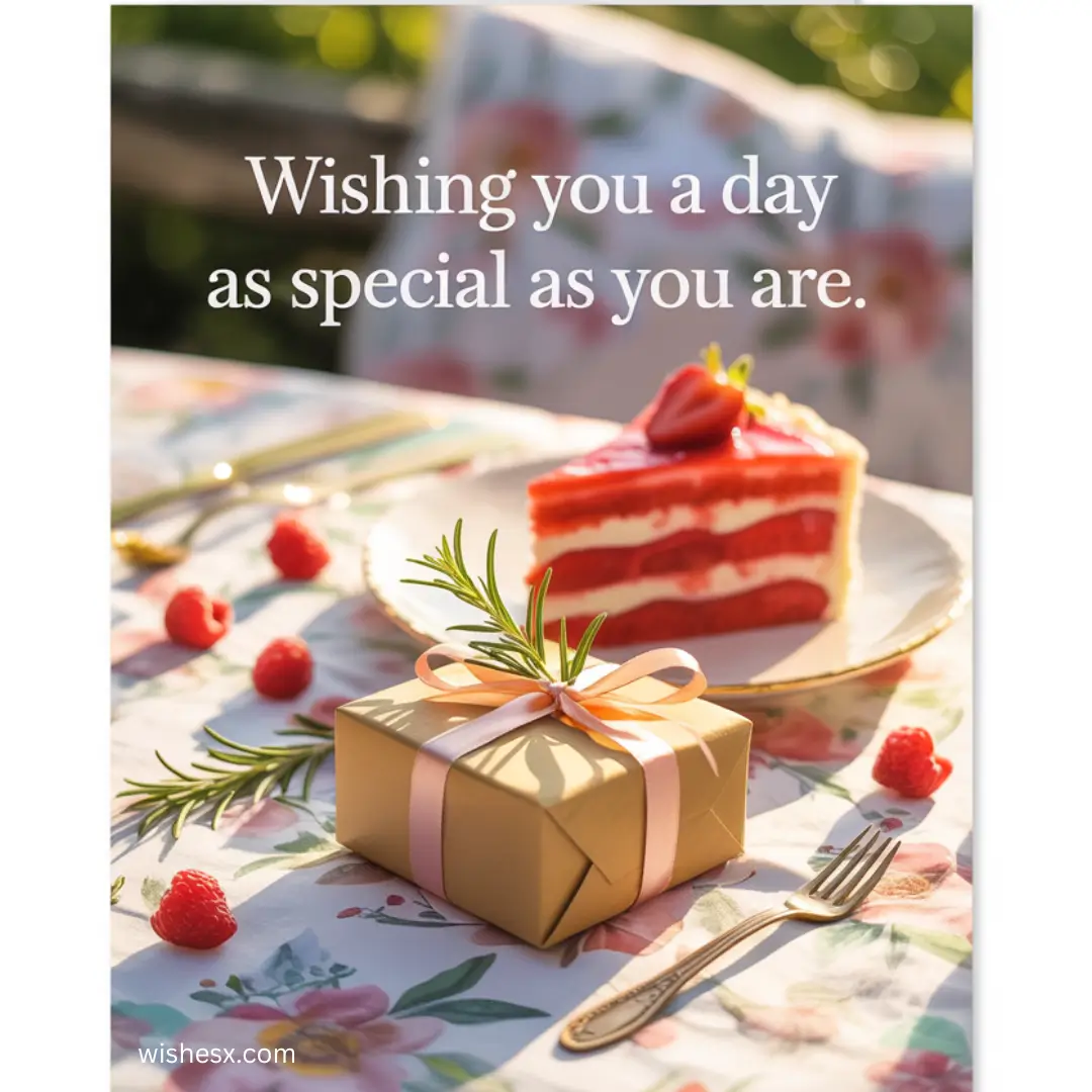 A festive table setting features a slice of red velvet cake with strawberries on a floral cloth. A gift with a pink ribbon lies nearby. Text reads: "Wishing you a day as special as you are."