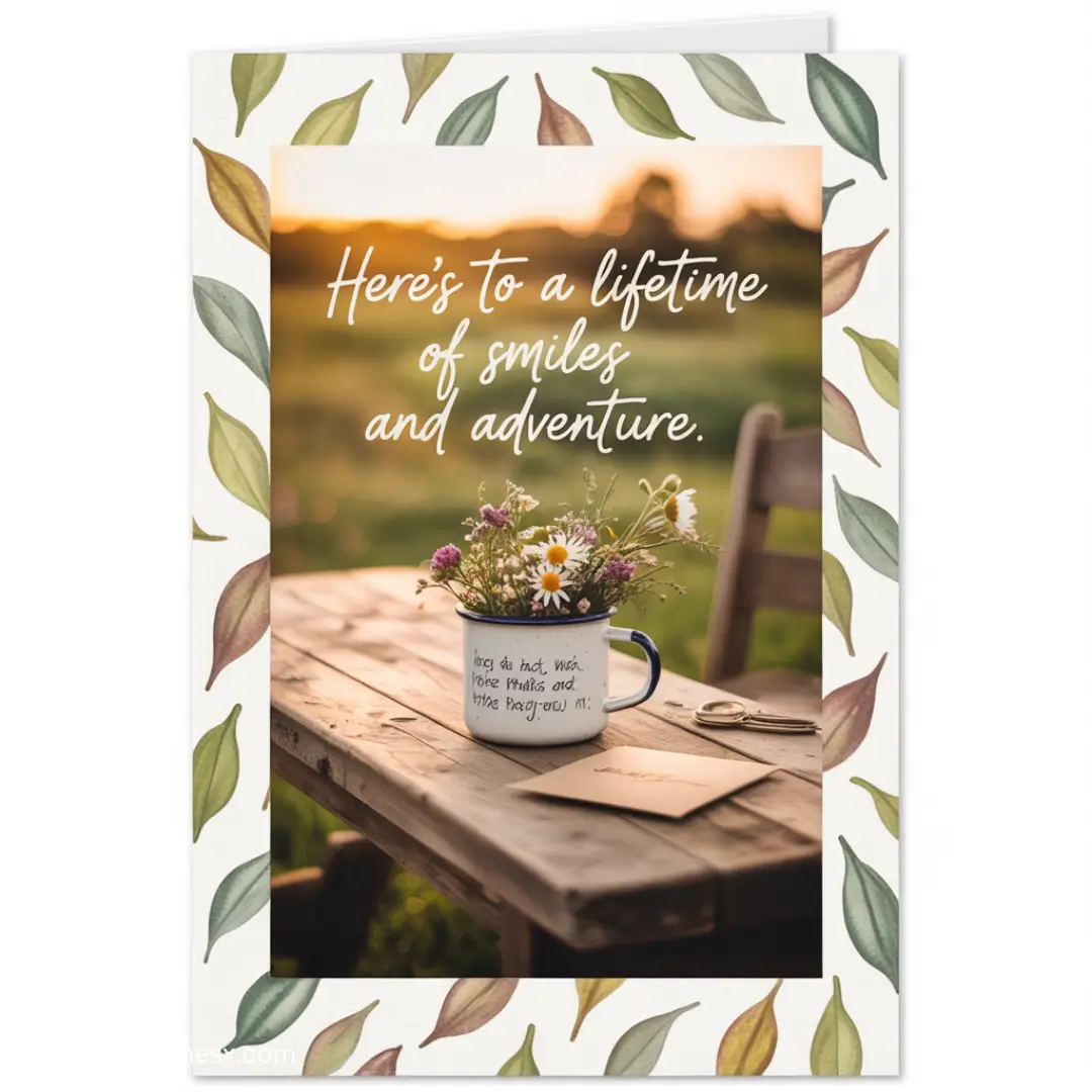 Greeting card with a floral border features a rustic table outdoors, holding a mug with wildflowers. Text reads, “Here's to a lifetime of smiles and adventure.”
