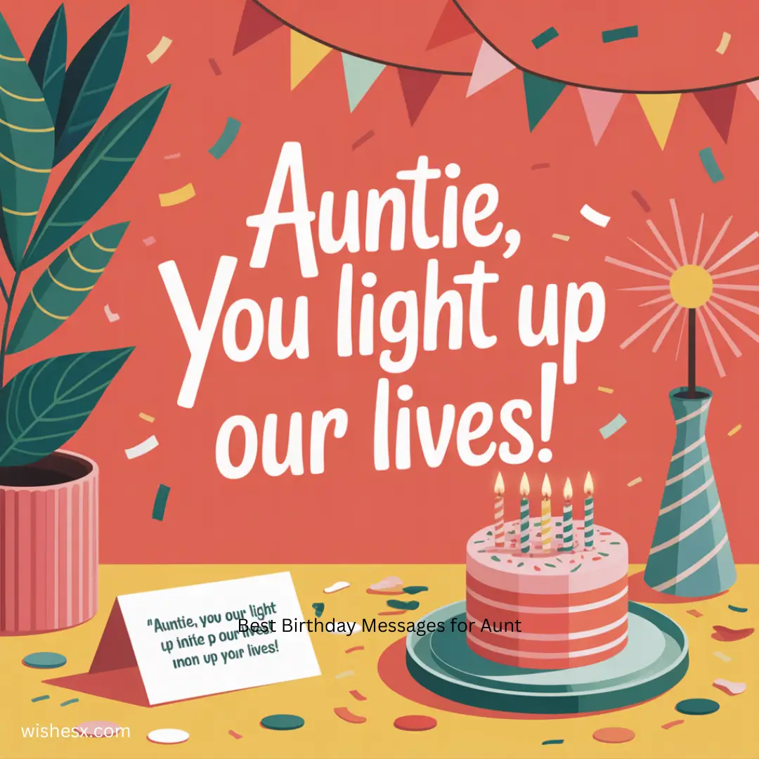 A heartfelt message saying, "Auntie, you light up our lives," surrounded by colorful decorations and warm lighting.