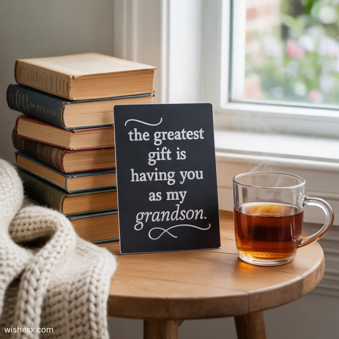 Cozy scene with a stack of books, steaming tea, warm knit blanket, and a sign reading "the greatest gift is having you as my grandson" on a wooden table.