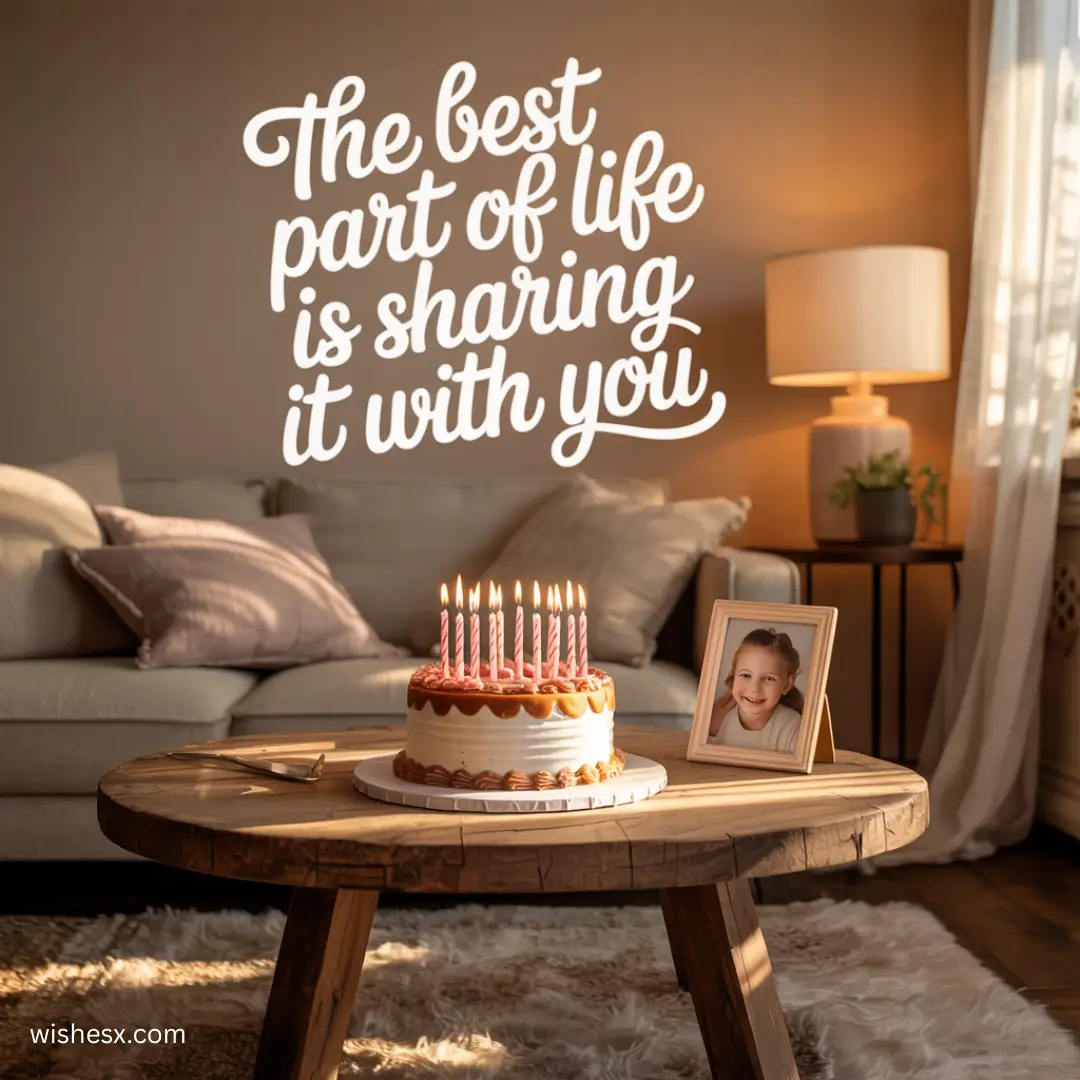 A cozy living room with a lit birthday cake on a wooden table. A framed photo of a smiling child beside the cake. Wall text reads, "The best part of life is sharing it with you."