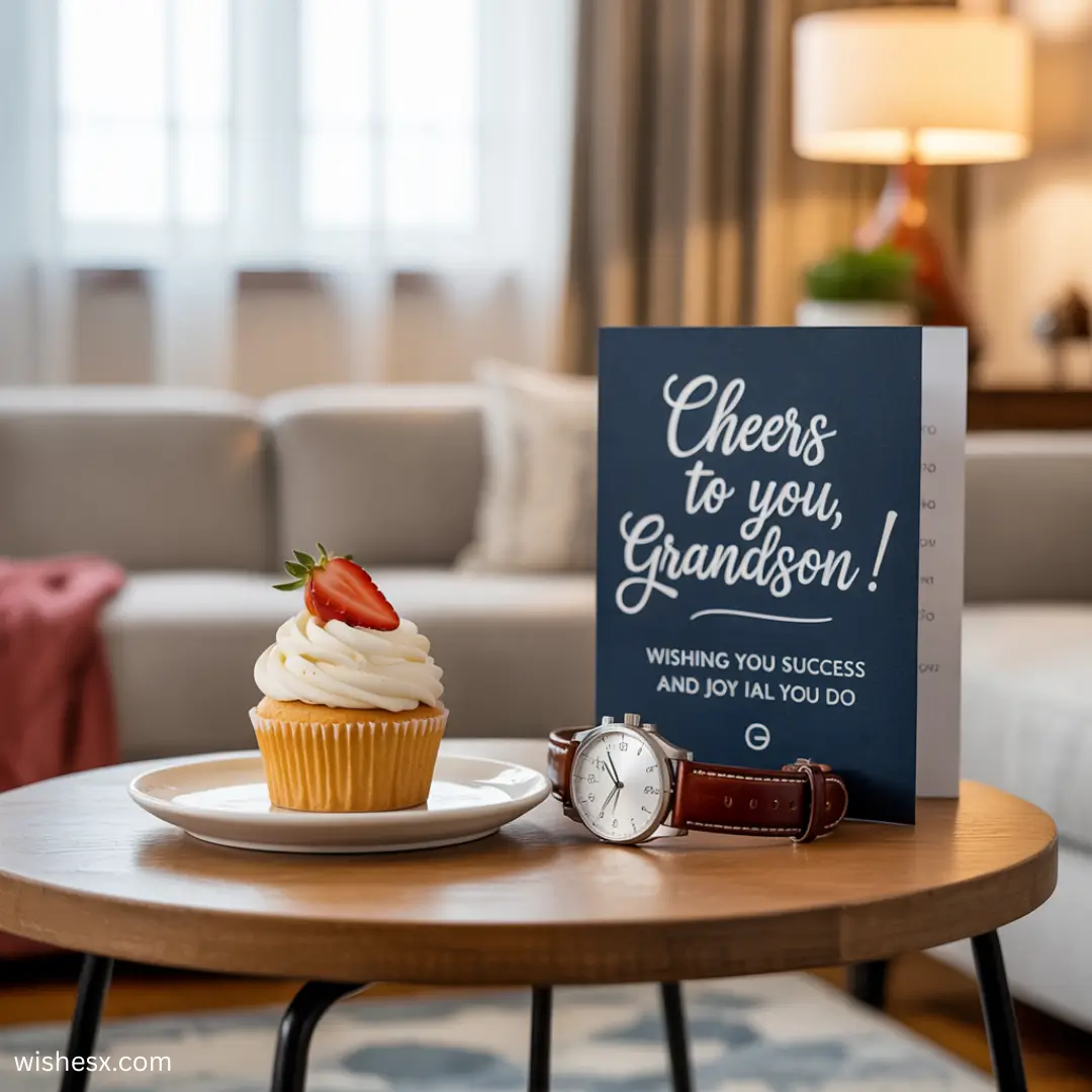 A cozy living room scene features a round table with a greeting card that says "Cheers to you, Grandson!", a cupcake with a strawberry, and a watch.