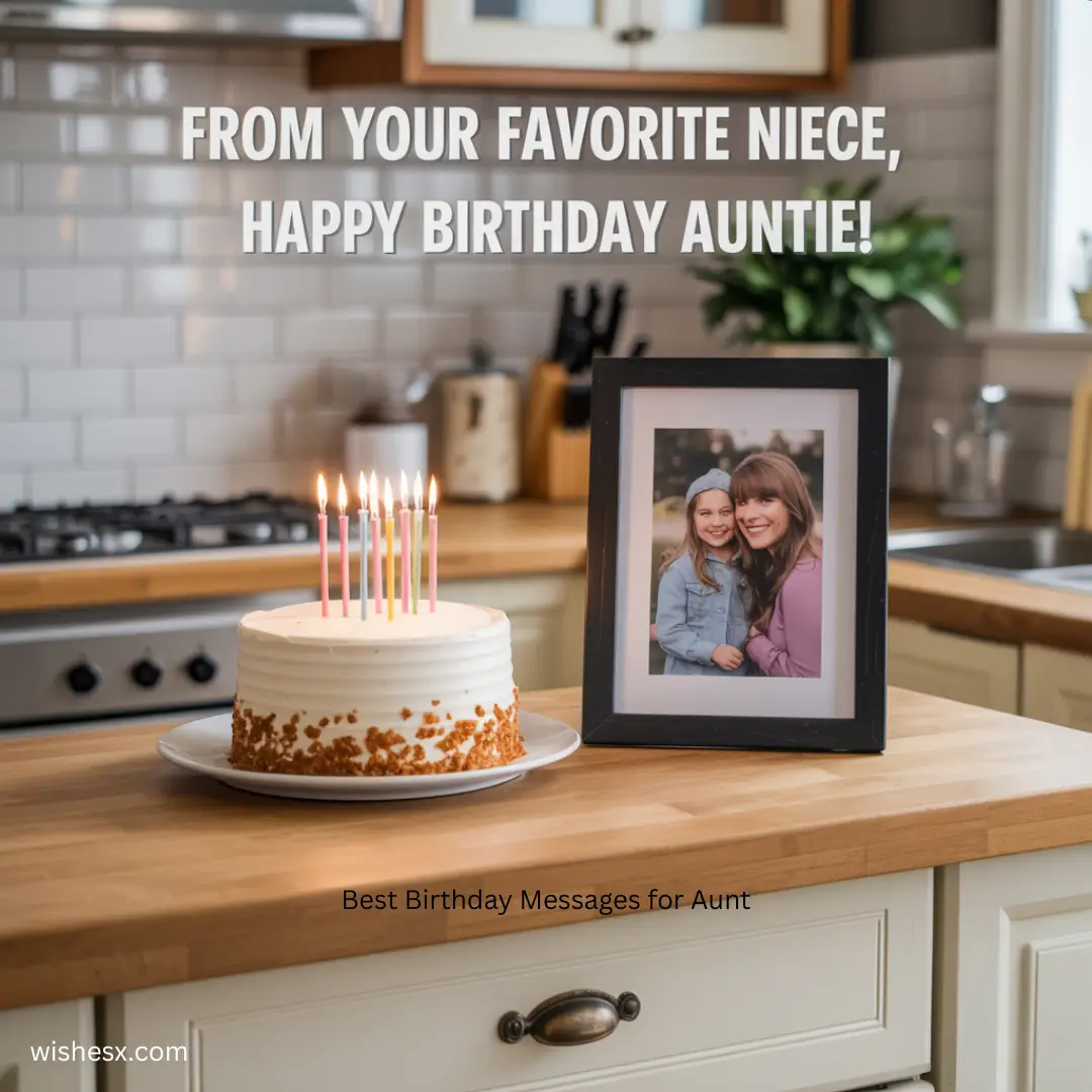 Birthday card from a niece wishing her aunt a happy birthday with colorful decorations and heartfelt message.