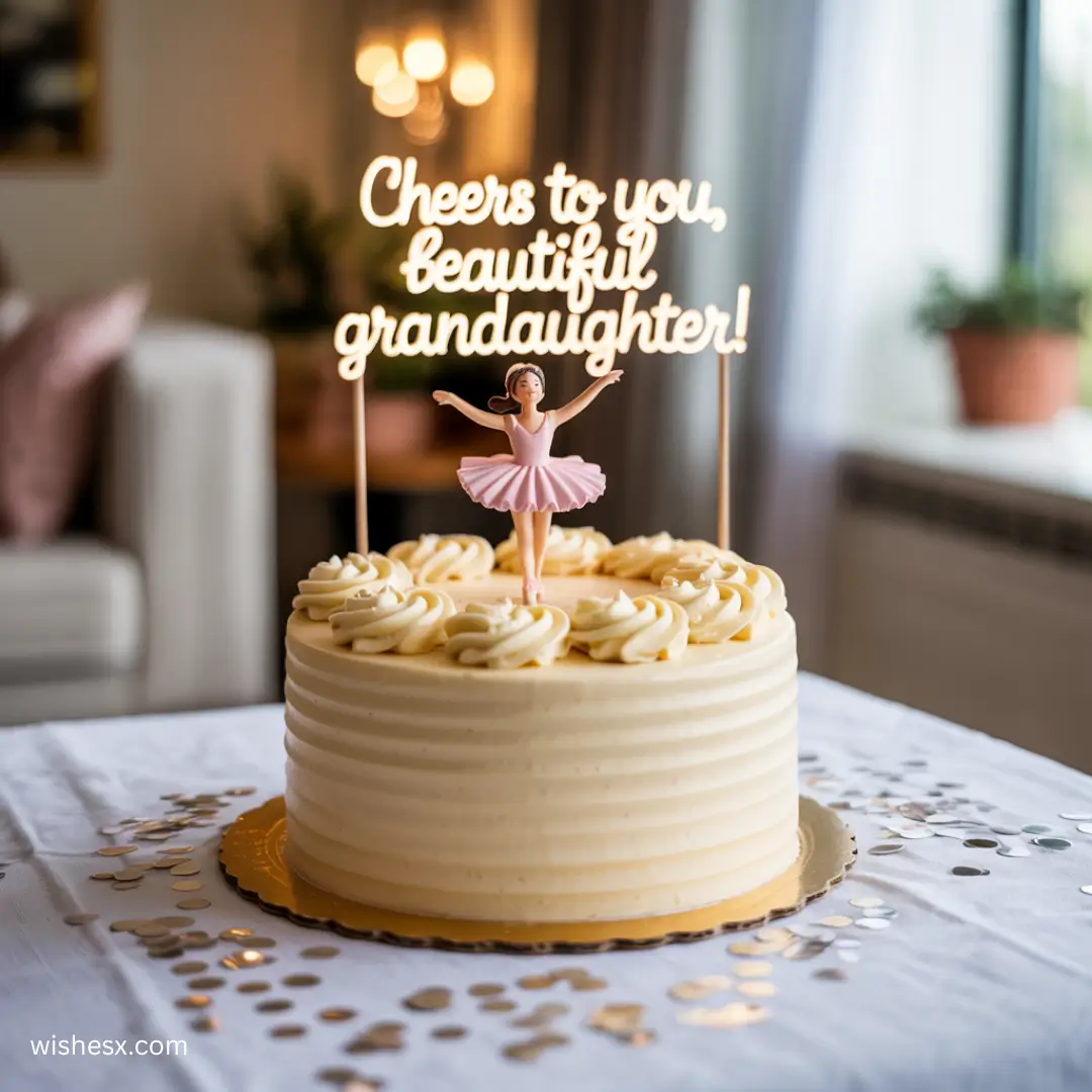 A birthday cake with white frosting and decorative swirls, topped with a small ballerina figurine. A sign reads, "Cheers to you, beautiful granddaughter!"