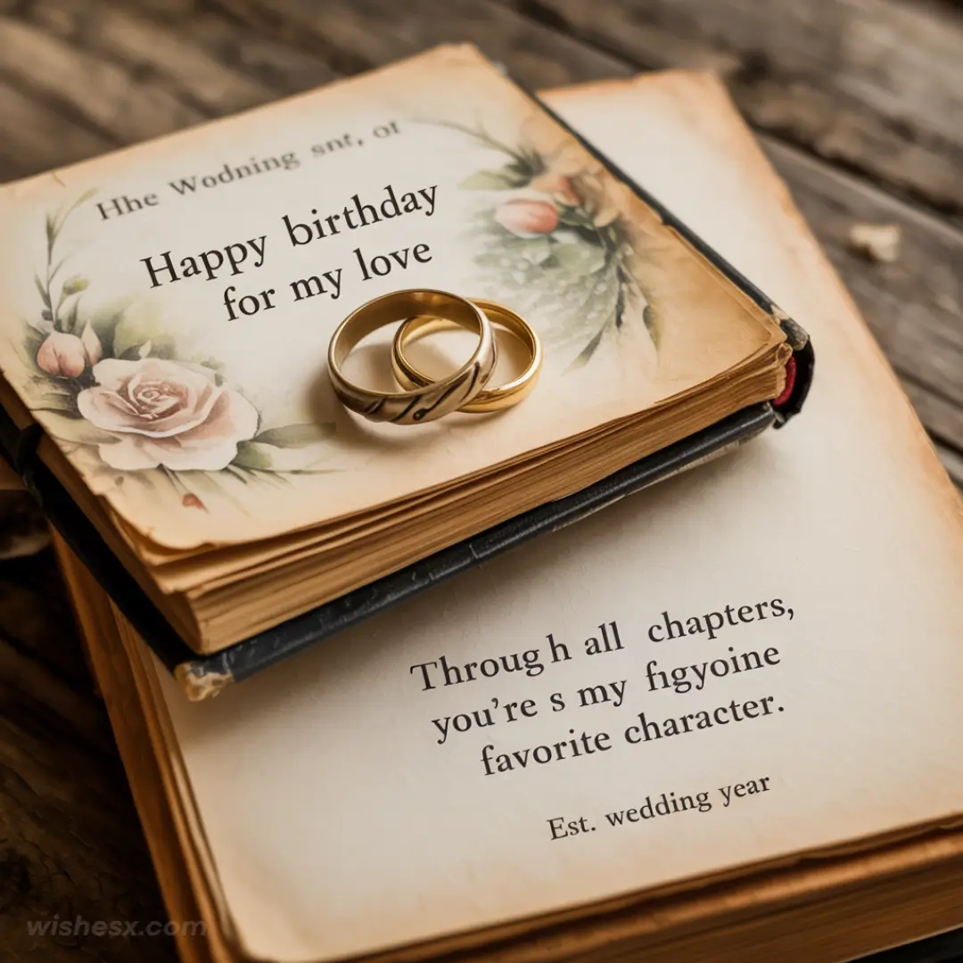 Two intertwined wedding rings rest on a vintage book with floral designs. Text on the book reads, "Happy birthday for my love." Sentimental and romantic tone.