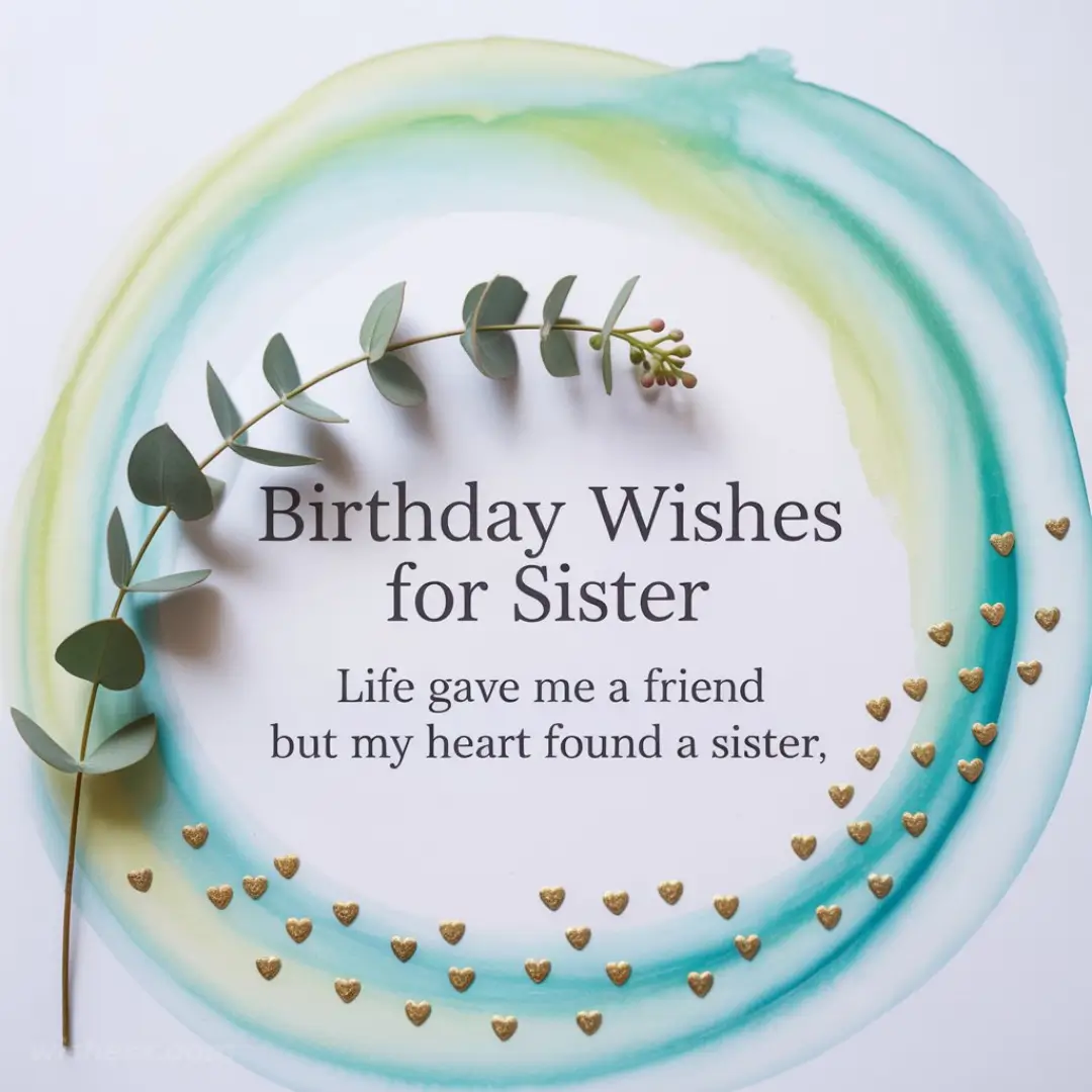 Birthday card with watercolor swirl and eucalyptus branch. Text reads: "Birthday Wishes for Sister. Life gave me a friend, but my heart found a sister." Small gold hearts adorn the bottom.