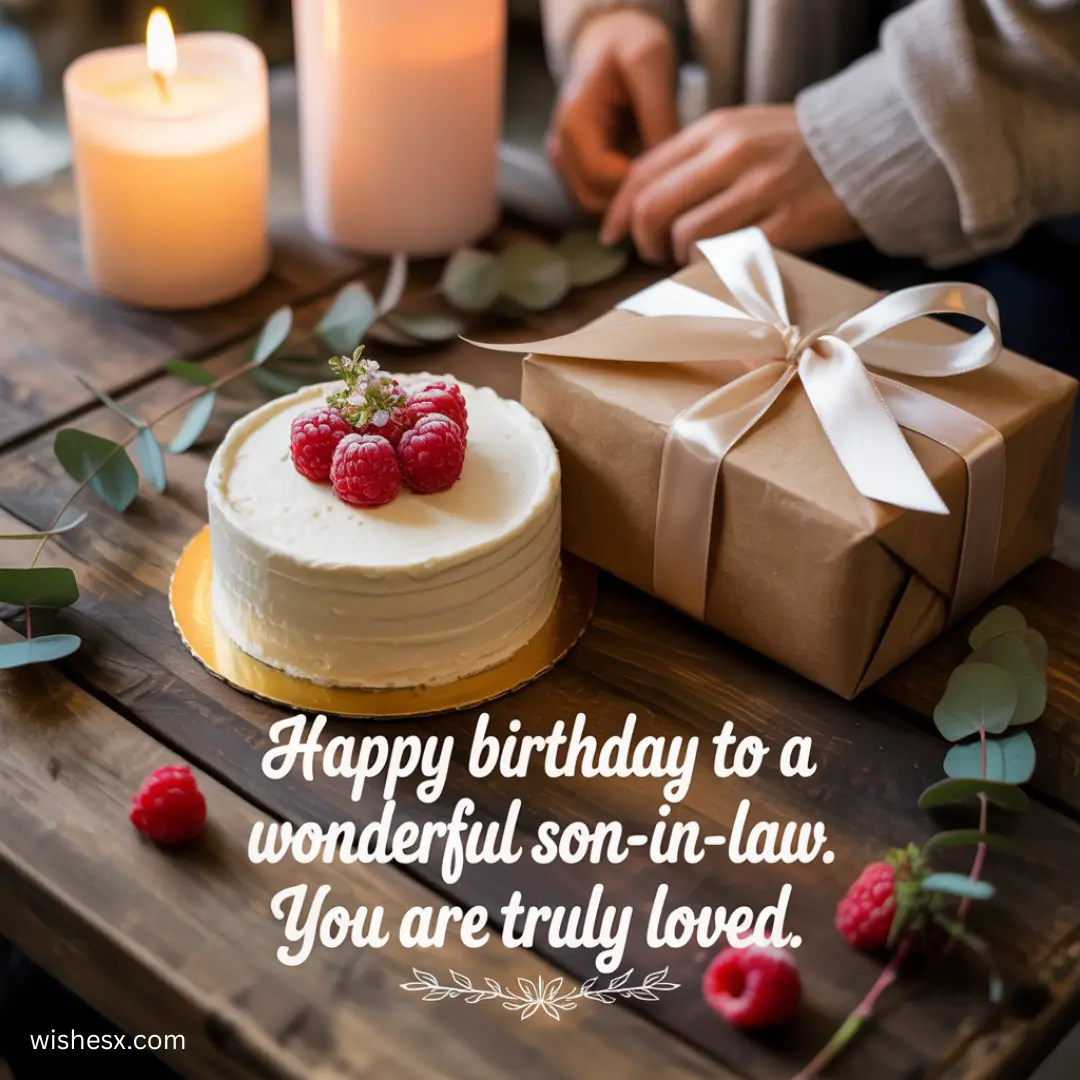 Birthday card wishing a happy birthday to a beloved son-in-law, featuring 16 heartfelt birthday wishes.