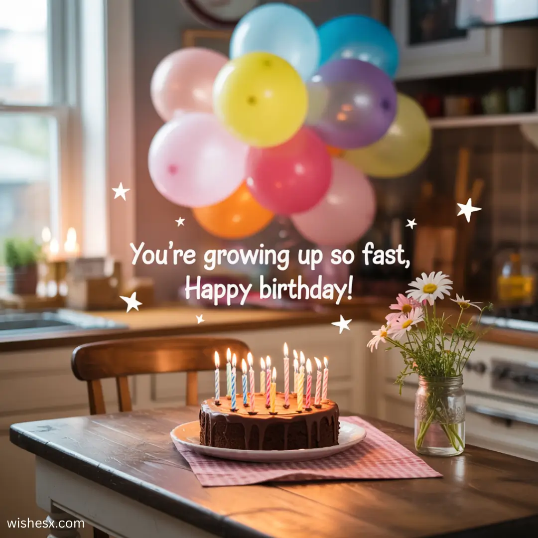 A birthday cake with lit candles on a wooden table. Colorful balloons float in the background. Text: "You're growing up so fast, Happy birthday!"