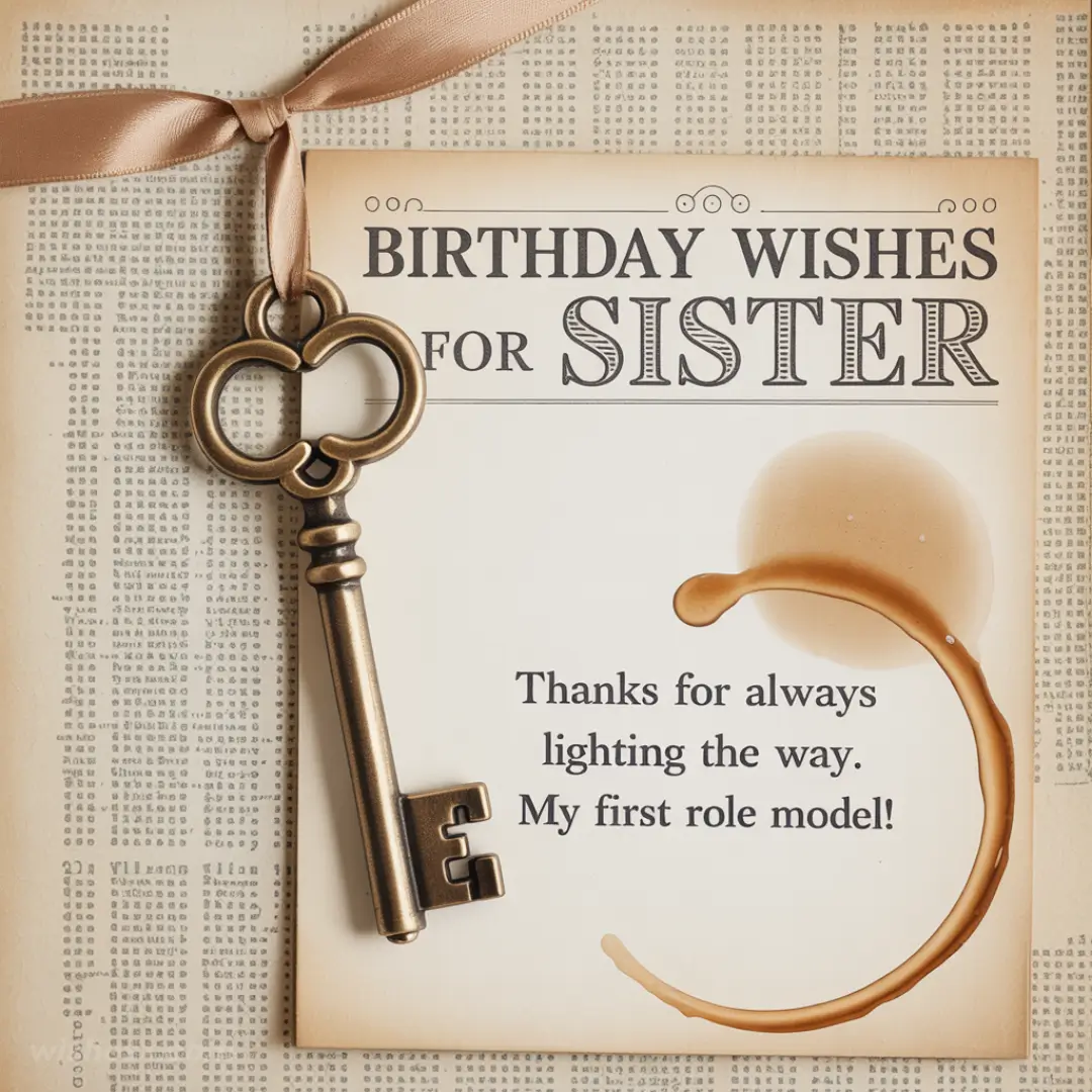 A vintage key tied with a ribbon rests on a card with "Birthday Wishes for Sister" and a heartfelt message. A coffee cup stain adds warmth and nostalgia.