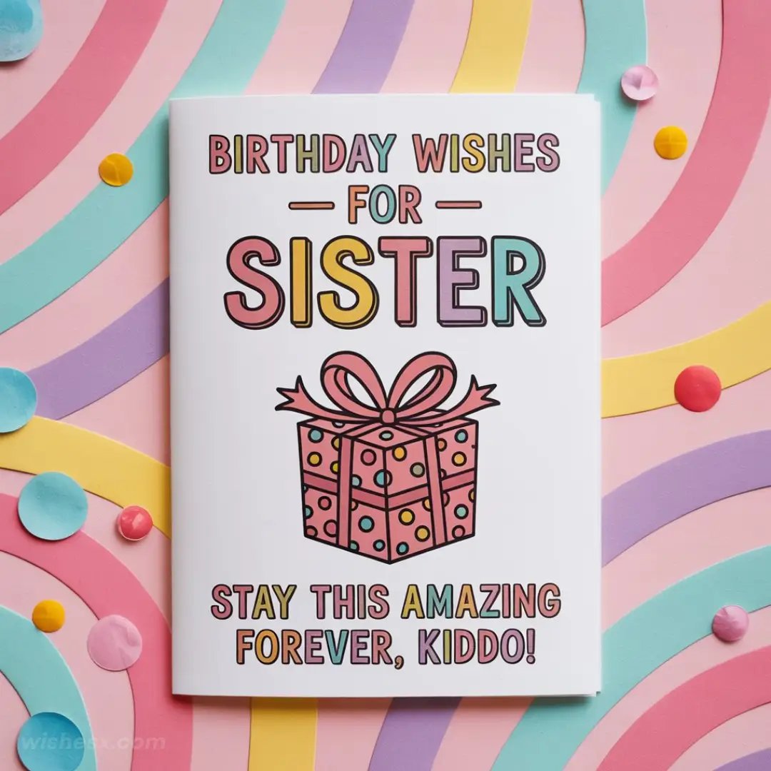 Birthday card with colorful text "Birthday Wishes for Sister" and a gift illustration. Background features pastel rainbow swirls and confetti. Festive and cheerful.