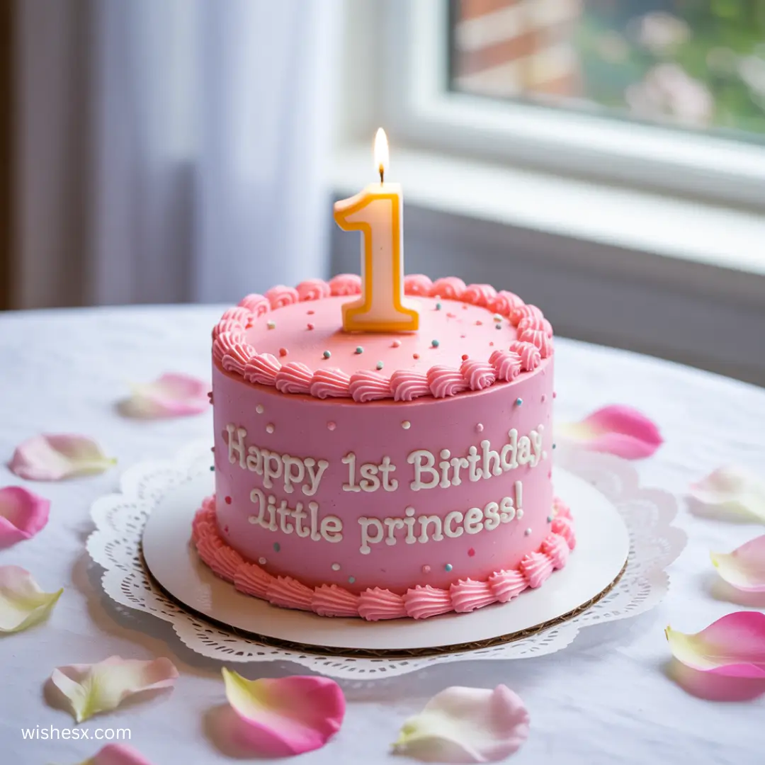 A pink cake with "Happy 1st Birthday, little princess!" in white icing. Topped with a lit number one candle. Surrounded by pink and yellow rose petals.