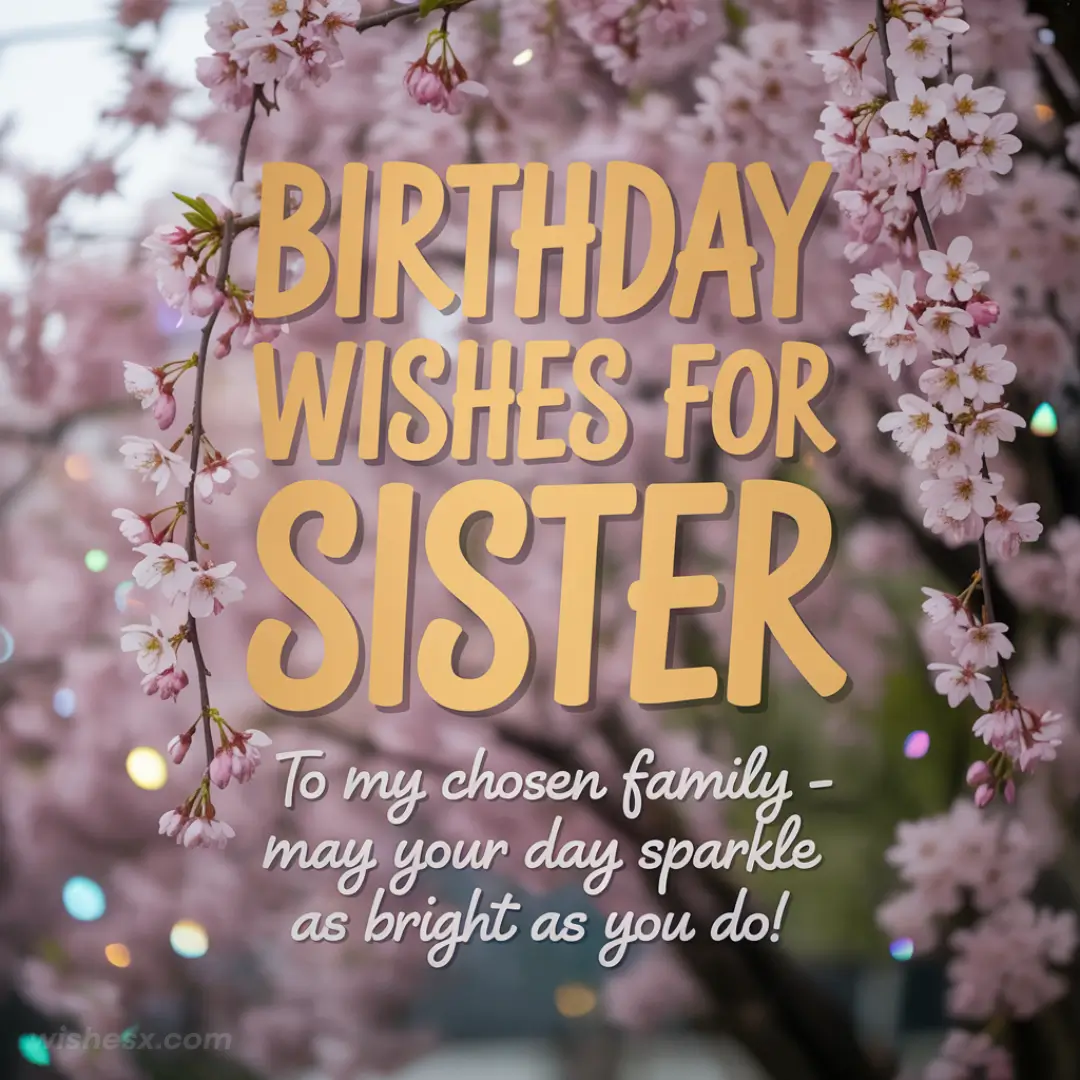 Pink cherry blossoms frame cheerful birthday wishes for a sister. The text says, "To my chosen family - may your day sparkle as bright as you do!"