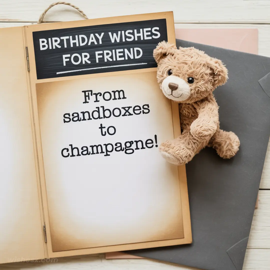 Birthday card with "Birthday Wishes for Friend" and "From sandboxes to champagne!" text. A cheerful teddy bear peeks out from behind the card on a wooden table.