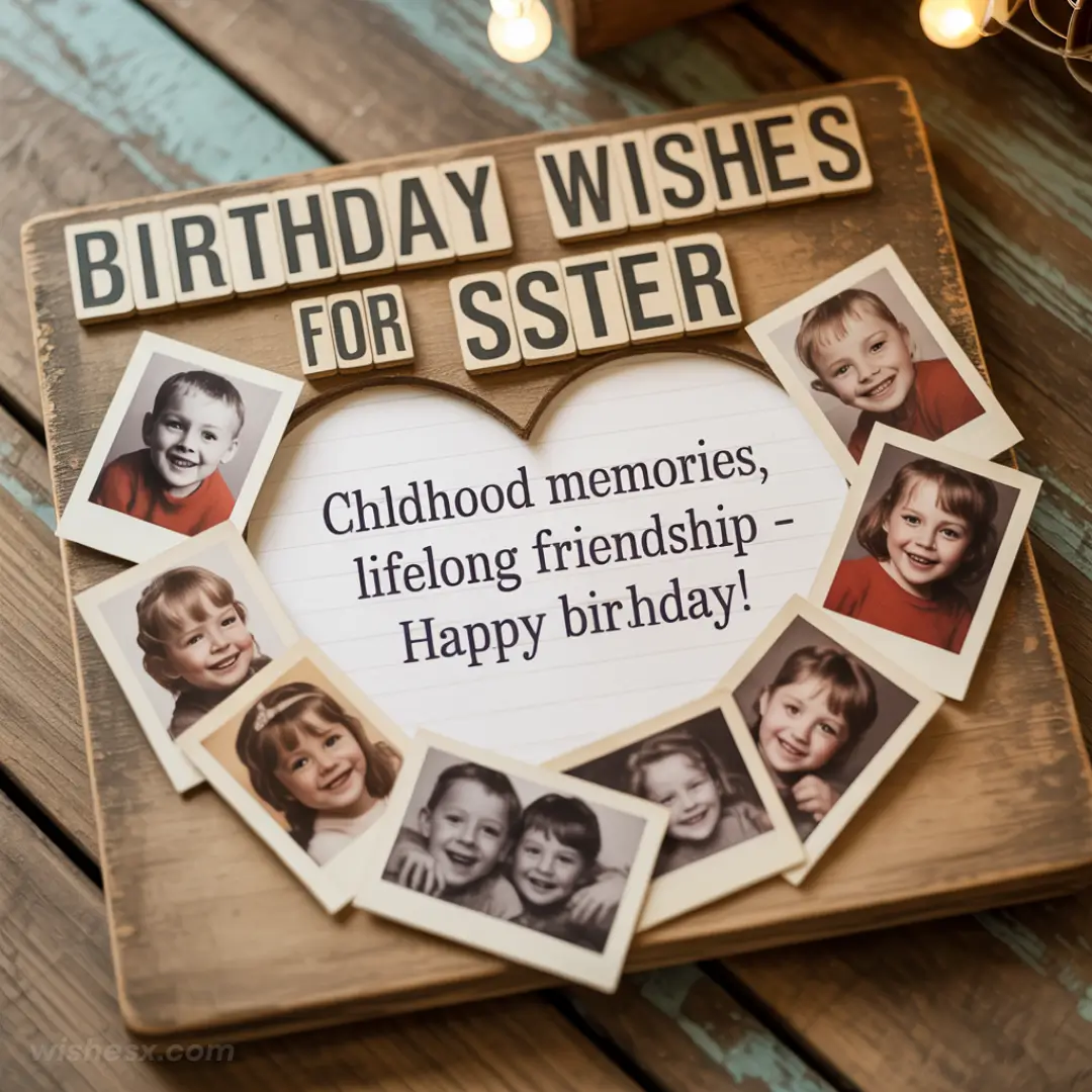 Wooden board frames a heart-shaped card with childhood photos and a message: "Childhood memories, lifelong friendship - Happy birthday!" Playful, nostalgic mood.