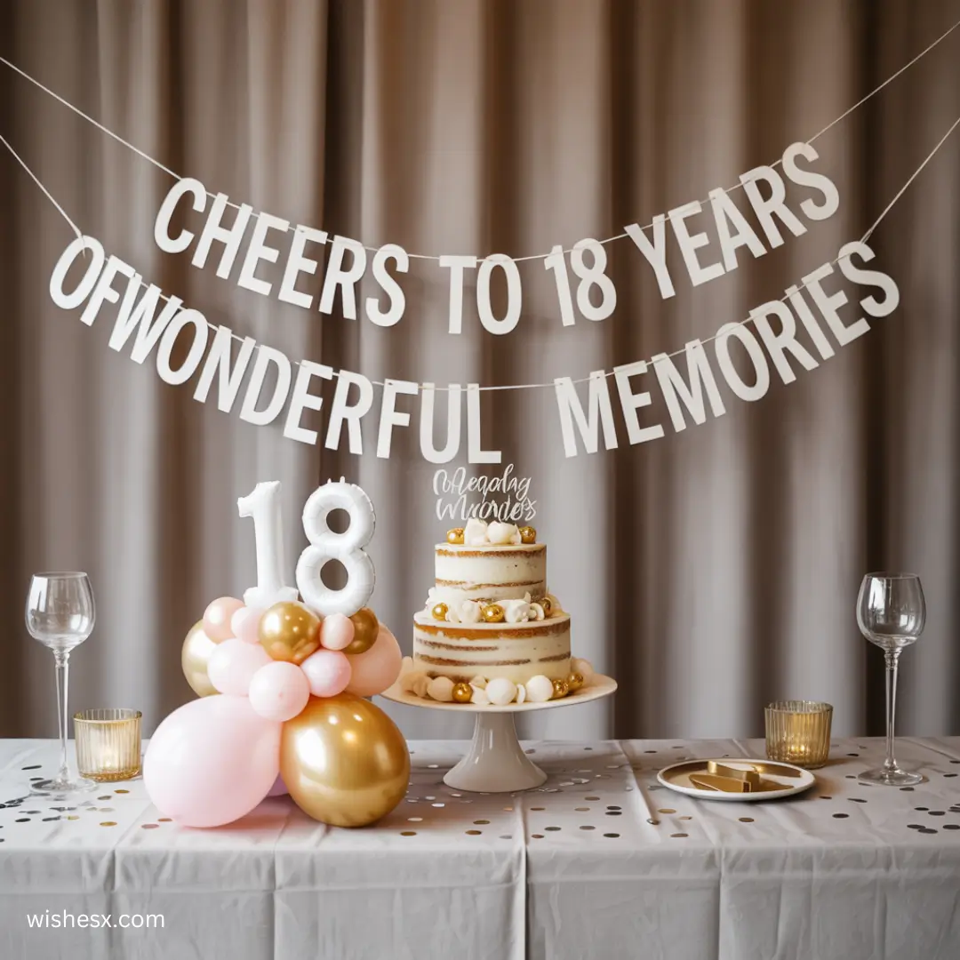 Celebratory scene with a banner reading “Cheers to 18 Years of Wonderful Memories.” A cake with gold accents and balloons on a table with elegant decor.