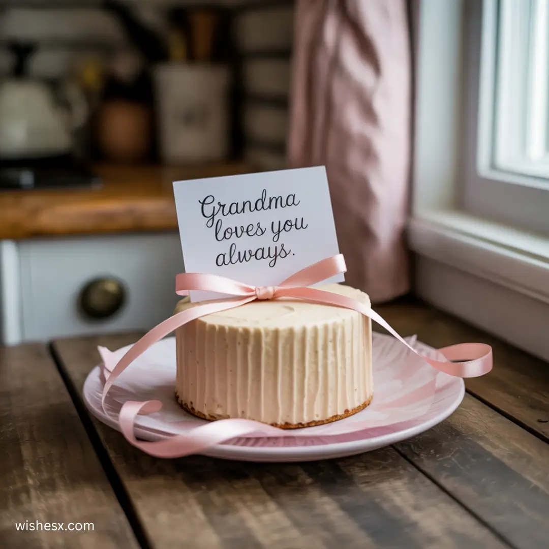 A small cake with textured icing, tied with a pale pink ribbon, sits on a plate by a window. A note says, "Grandma loves you always," conveying warmth.