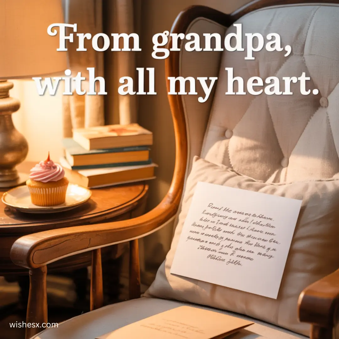 Cozy scene with a wooden armchair, pillow, and note displaying cursive text. Nearby, a small table holds books, a cupcake, and a lamp. Warm, nostalgic tone.