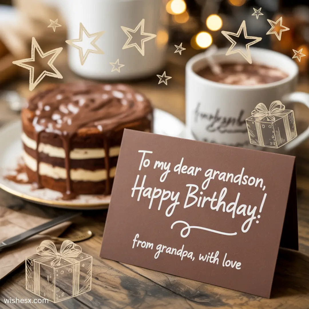 A birthday card saying "To my dear grandson, Happy Birthday! From grandpa, with love" beside a chocolate cake and hot cocoa, decorated with stars.