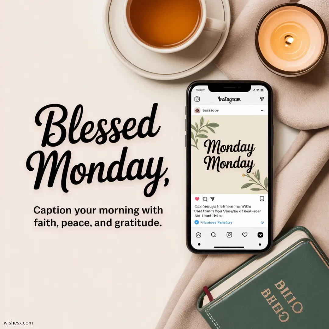 Inspirational text on a serene morning scene, emphasizing faith, hope, and gratitude for a blessed Monday.