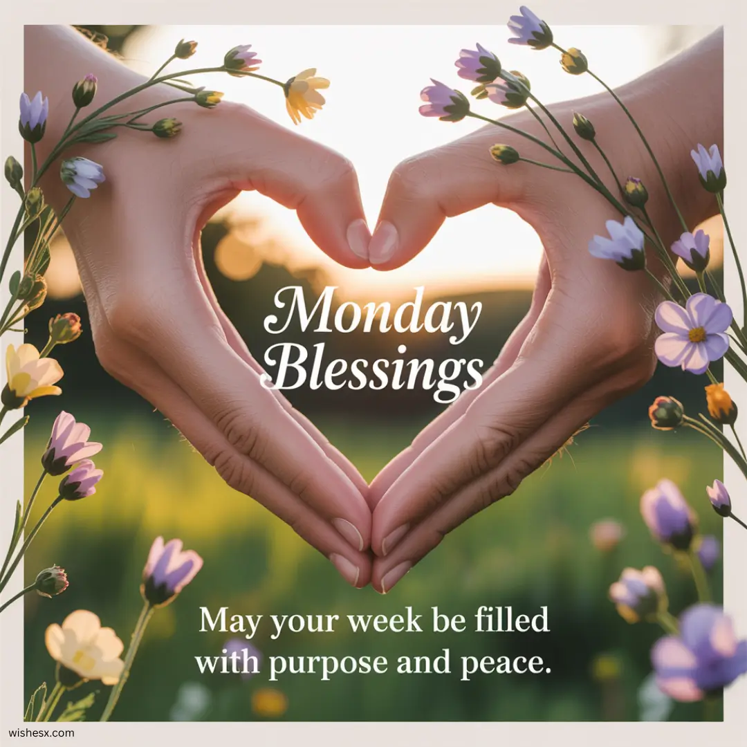 Text graphic with "Monday blessings: may your week be filled with purpose and peace" in elegant font on a serene background.