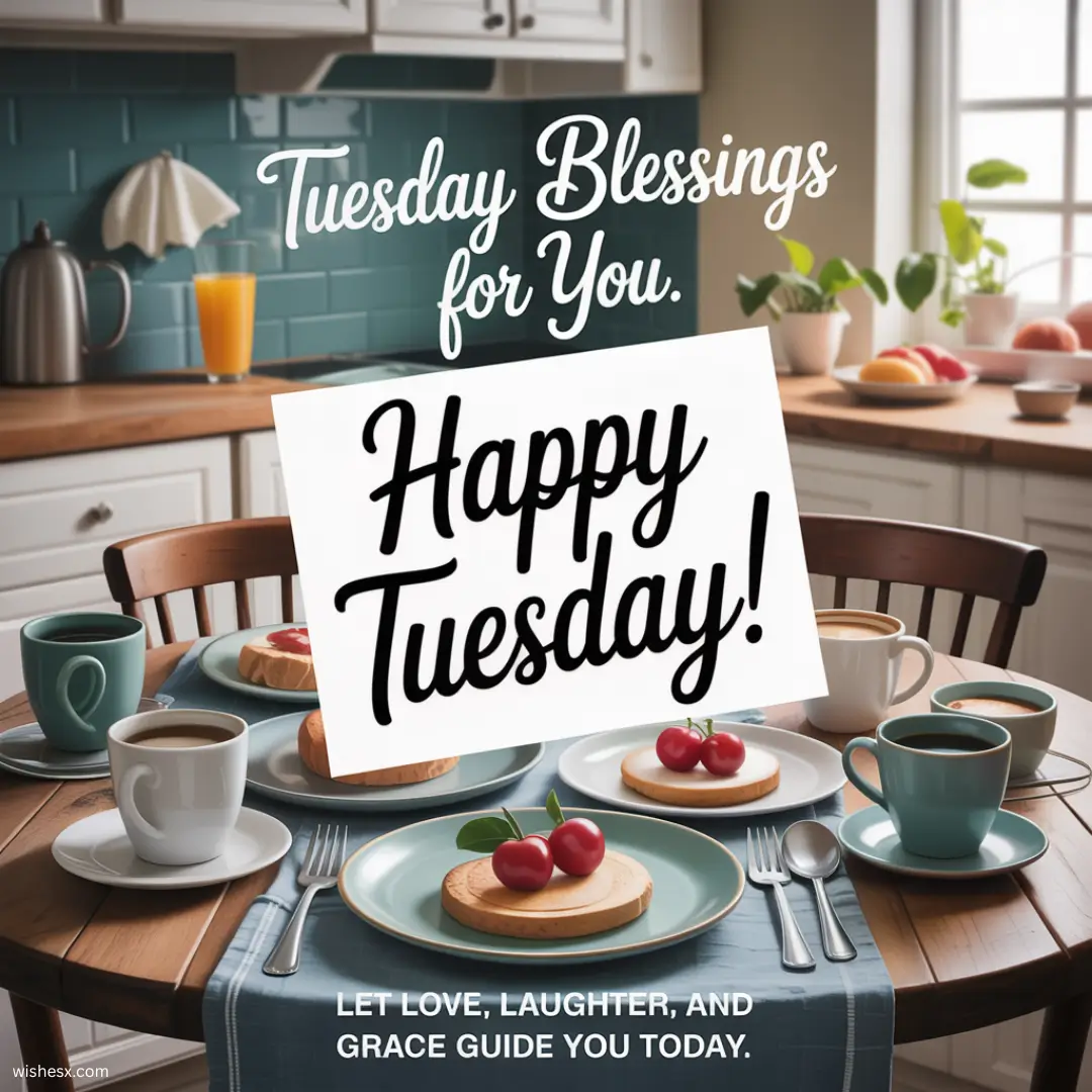  Text graphic wishing "Happy Tuesday" with the phrase "Tuesday blessings for you" in cheerful font.