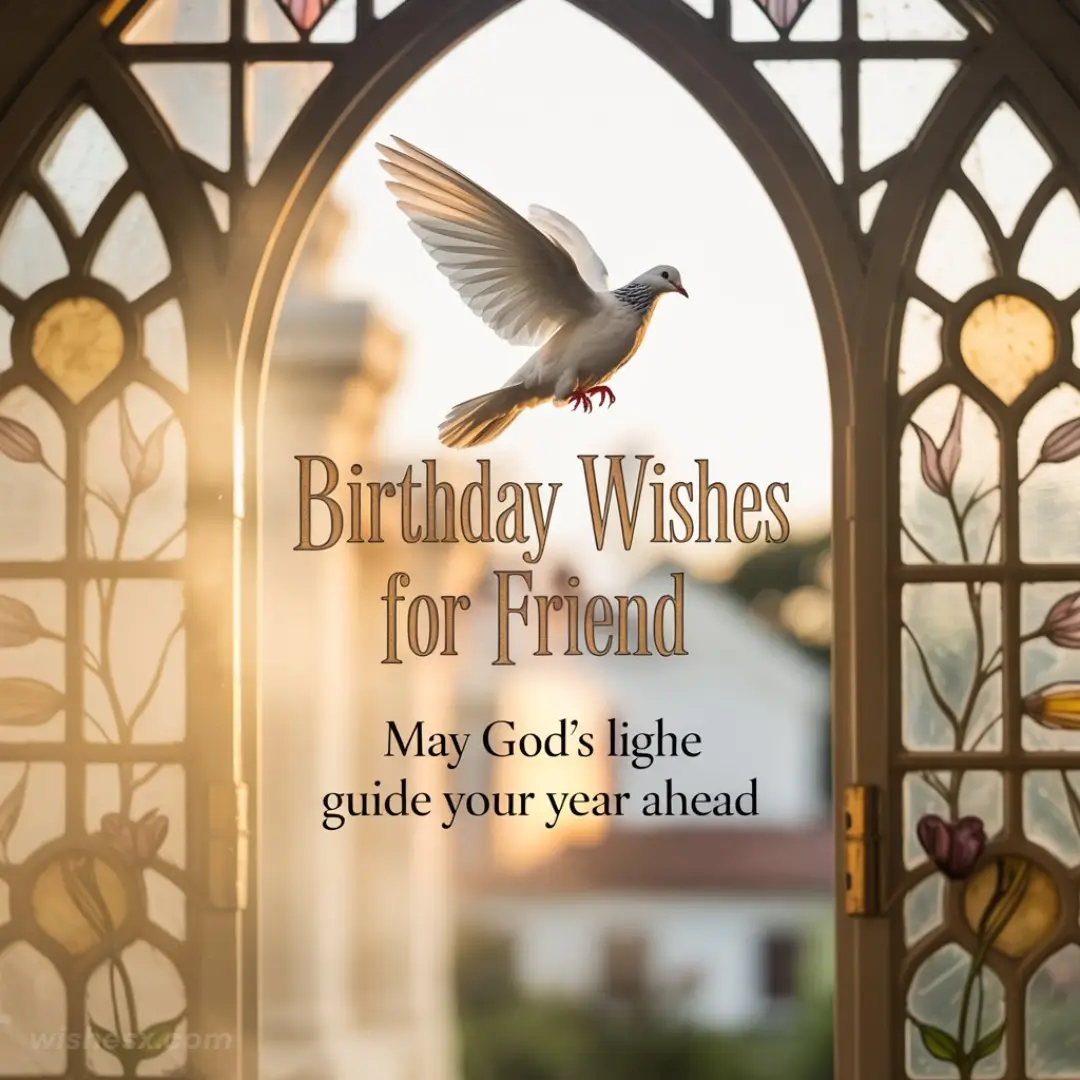 Stained glass window with sunlight, a flying dove, and text: "Birthday Wishes for Friend. May God's light guide your year ahead." Warm and peaceful tone.