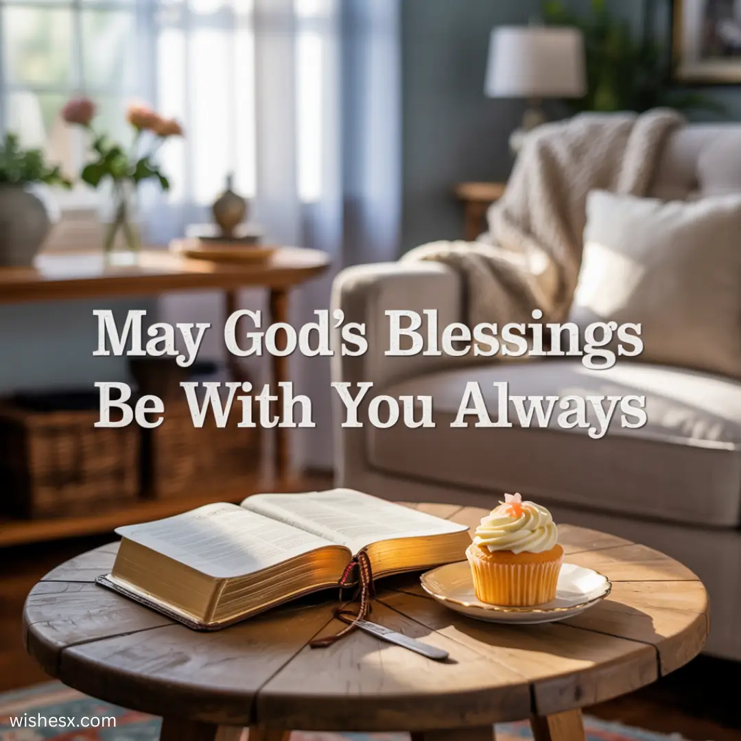 An open book, a cupcake, and glasses on a wooden table in a cozy living room with the text “May God’s Blessings Be With You Always.”.
