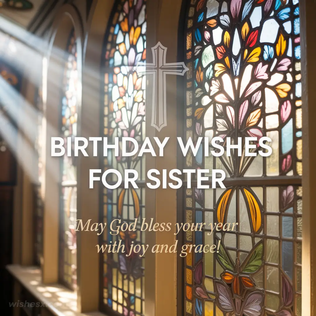 Stained glass windows bathed in sunlight, creating a serene and reverent atmosphere. The text reads, "Birthday Wishes for Sister: May God bless your year with joy and grace!"