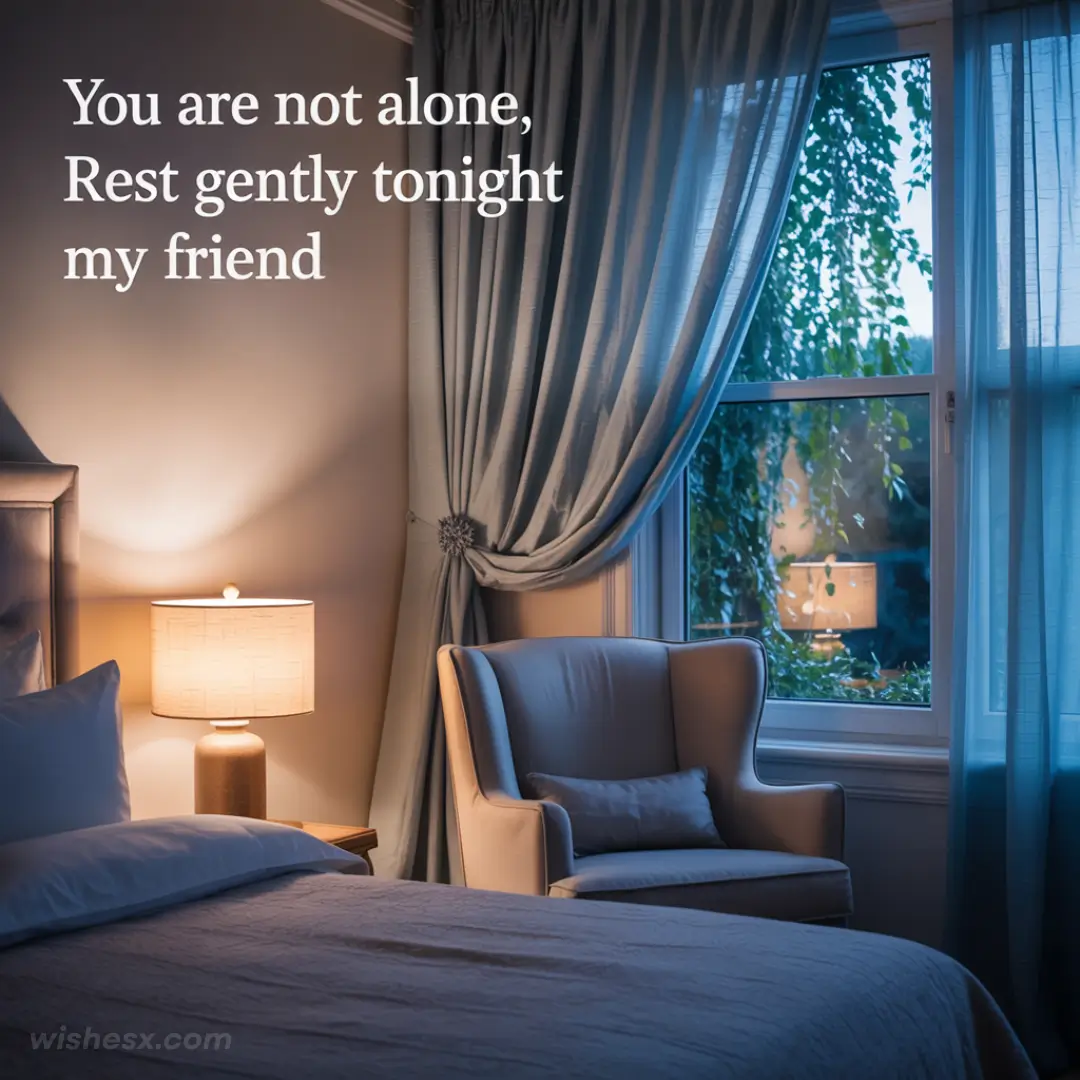  A serene night scene with a comforting message: "You are not alone, rest peacefully tonight, my friend."