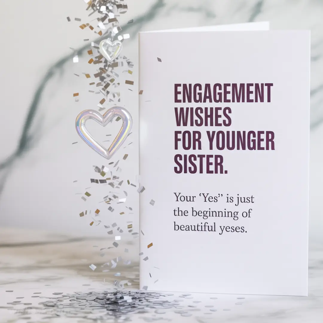 Engagement card with "Engagement Wishes for Younger Sister" text, confetti, and heart decorations. Celebratory, warm tone.
