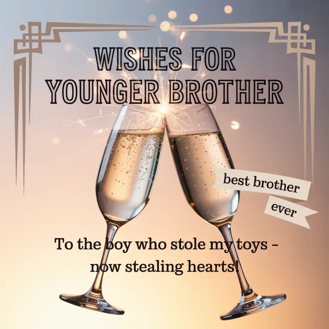 Two champagne glasses clink with a sparkler between them. Text reads, "Wishes for Younger Brother. To the boy who stole my toys – now stealing hearts!" The overlay says "best brother ever." The mood is celebratory and sentimental.