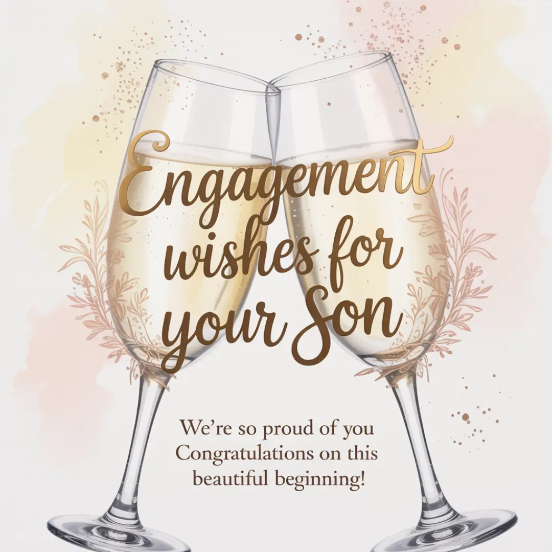 Two champagne glasses clink against a pastel background with floral accents. The text reads, "Engagement wishes for your Son. We're so proud of you. Congratulations on this beautiful beginning!"