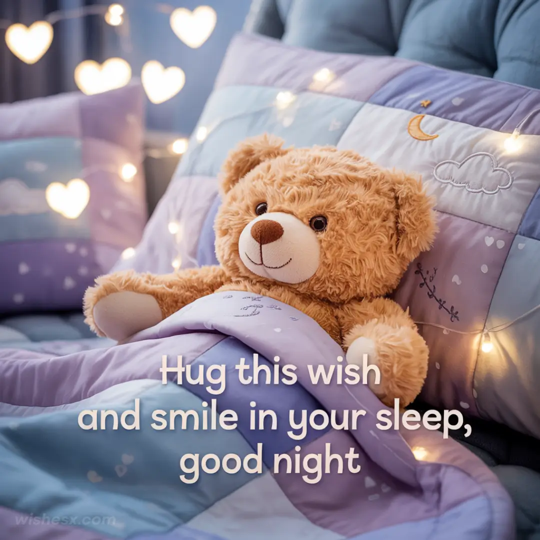 A teddy bear resting on a bed beside a softly glowing bedside lamp, creating a cozy atmosphere.