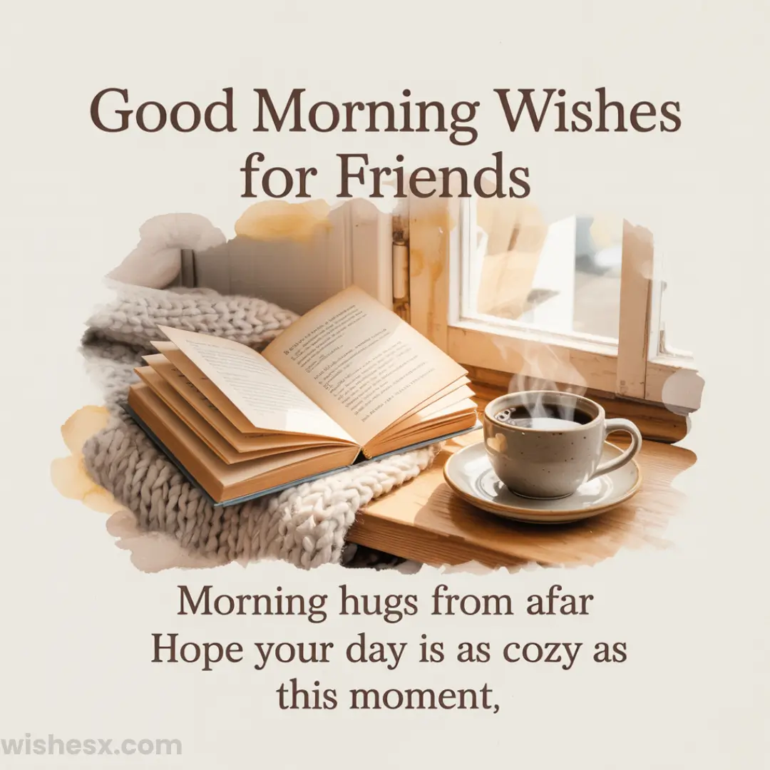 An open book and a steaming cup of coffee sit on a windowsill, with sunlight streaming in. Text reads: “Good Morning Wishes for Friends. Morning hugs from afar. Hope your day is as cozy as this moment.”.