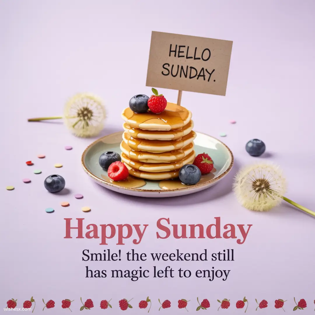  A plate of pancakes topped with fresh berries, accompanied by the text "Happy Sunday" in a cheerful font.