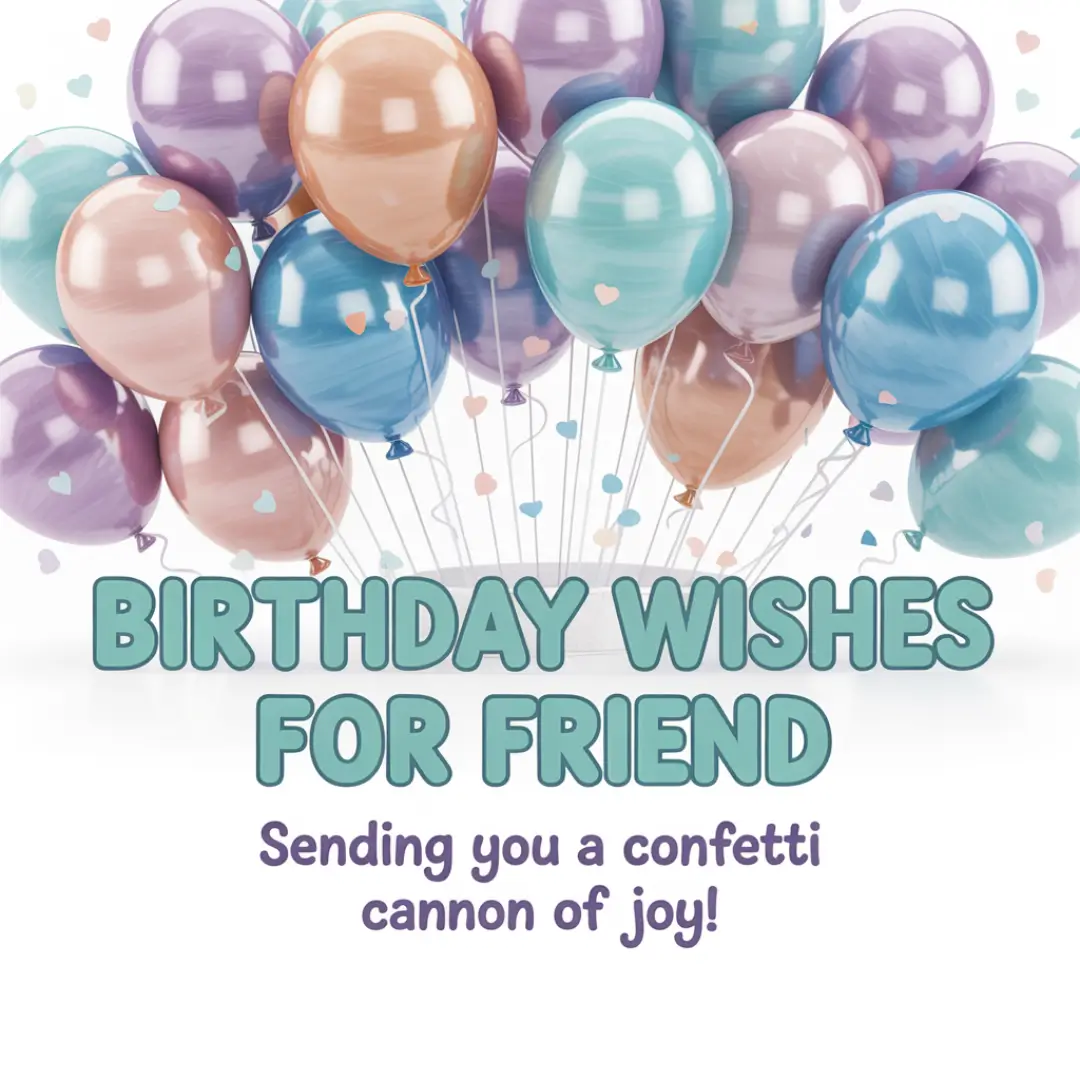 A cluster of colorful balloons in pastel shades of purple, teal, and peach, with heart-shaped confetti. Text reads "Birthday Wishes For Friend" and "Sending you a confetti cannon of joy!"