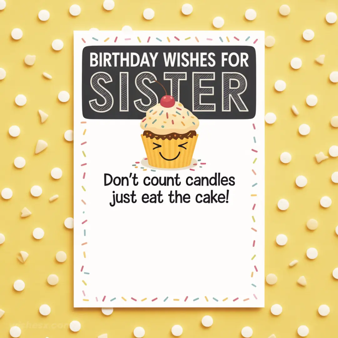 Birthday card with a smiling cupcake topped with sprinkles and a cherry. Text reads: "Birthday Wishes for Sister. Don’t count candles, just eat the cake!" Set on a yellow background with confetti.