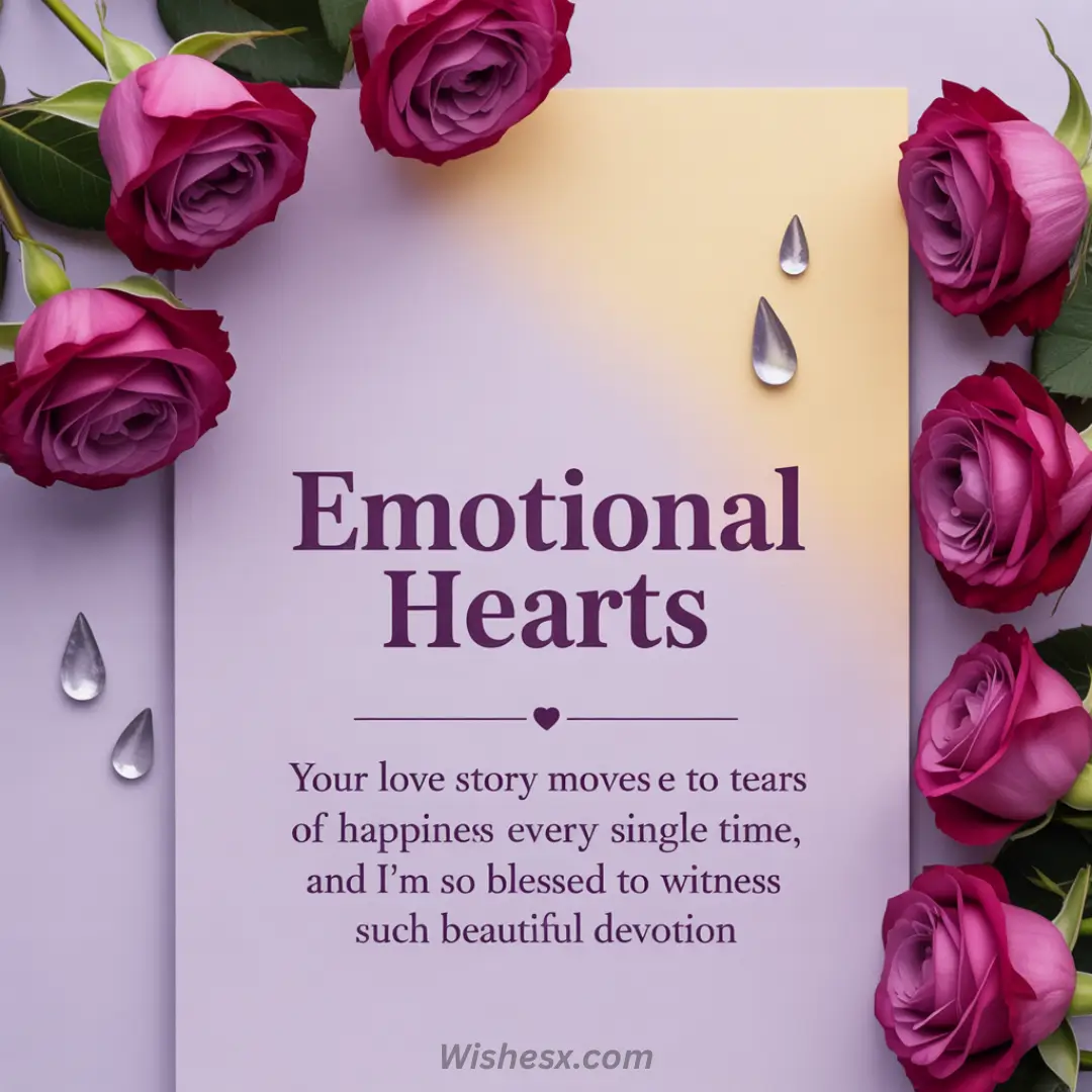 Purple roses and teardrops frame a card with "Emotional Hearts" text. The message expresses heartfelt emotions about witnessing true love.