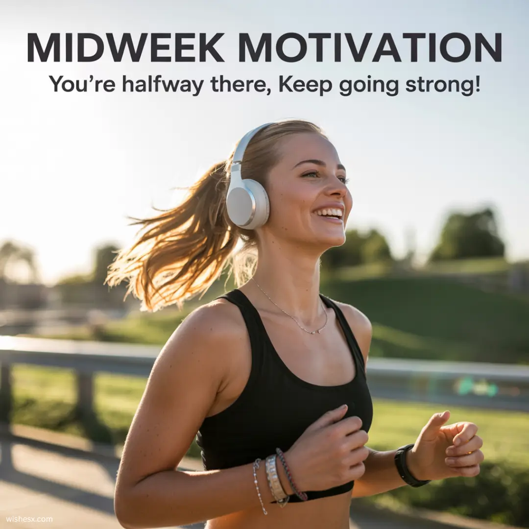 Midweek motivation graphic with text: "You're halfway there, keep going strong!" against a vibrant background.