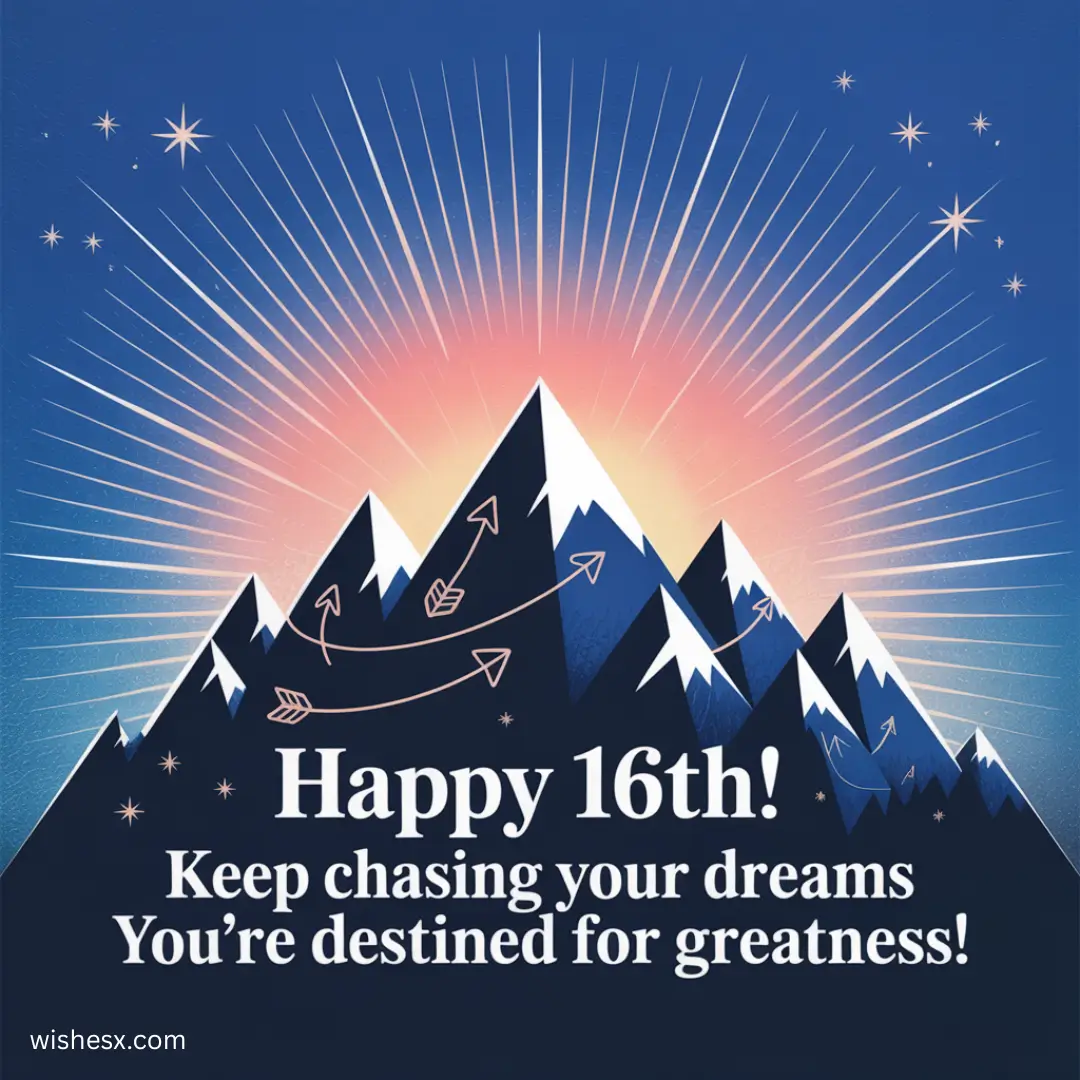  Happy 16th birthday card featuring a scenic design of mountains under a starry night sky.