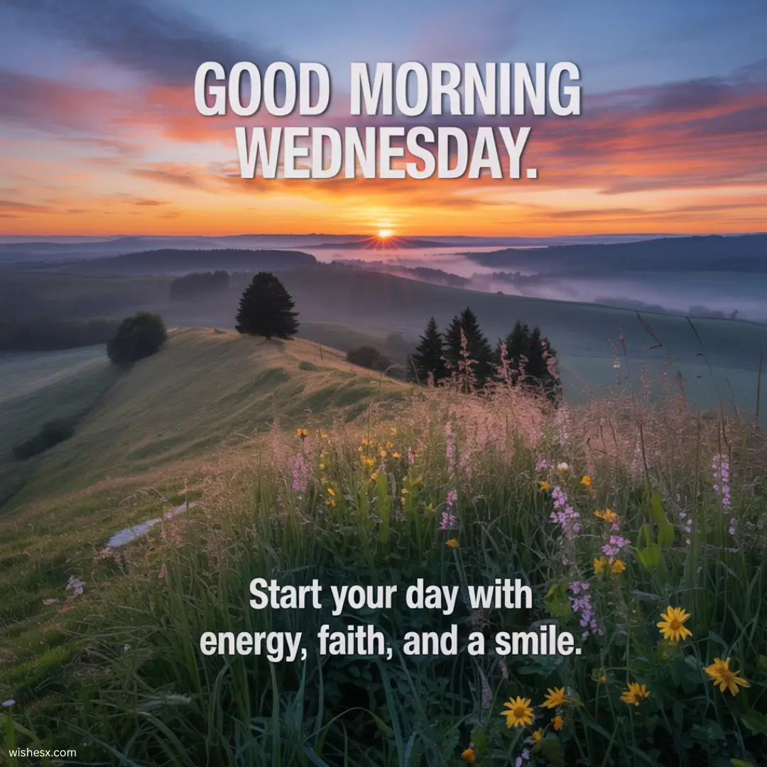 A cheerful graphic wishing a good morning on Wednesday, featuring bright colors and uplifting text.