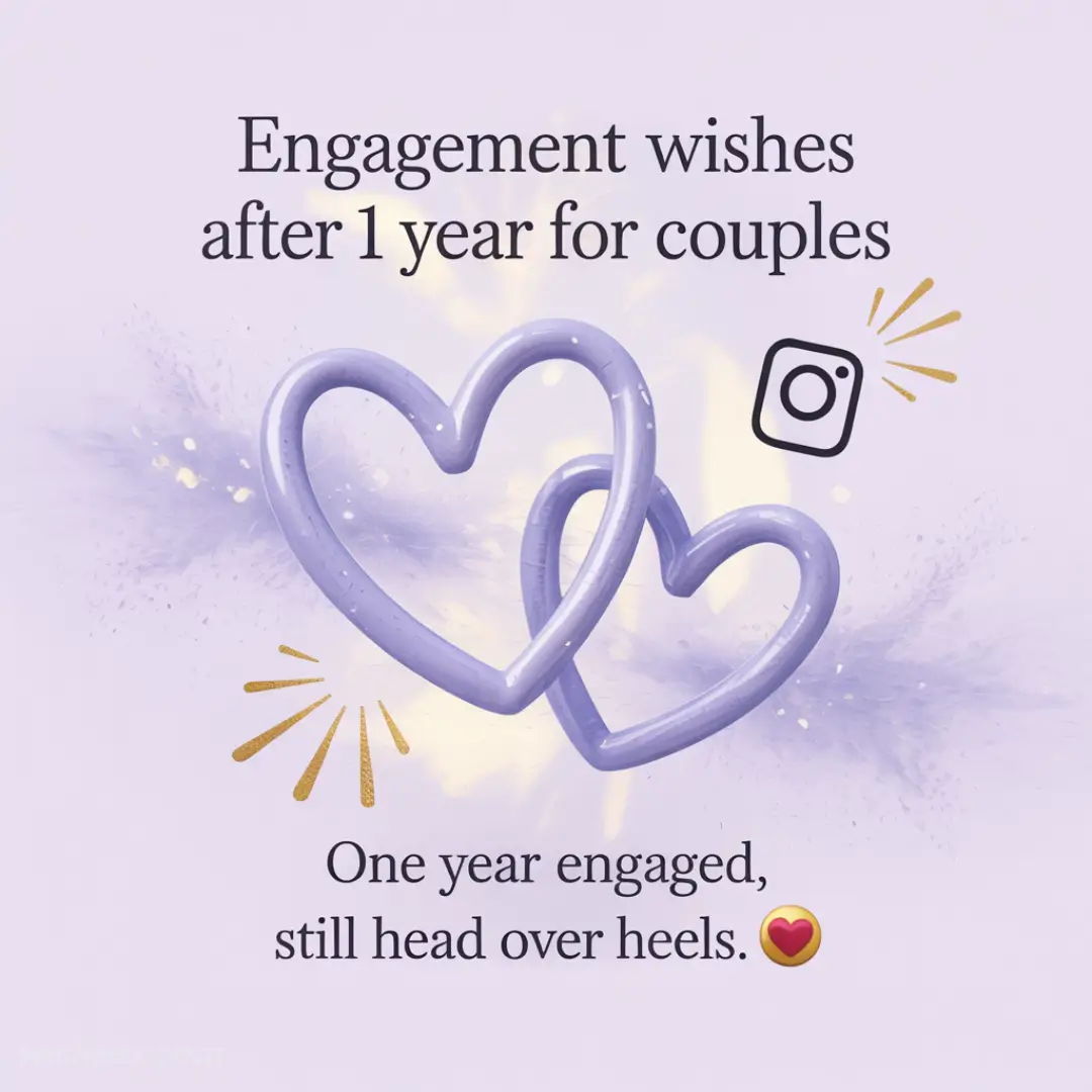 Two interlocking purple hearts with a light purple background. Text reads, “Engagement wishes after 1 year for couples. One year engaged, still head over heels.” Instagram icon nearby.